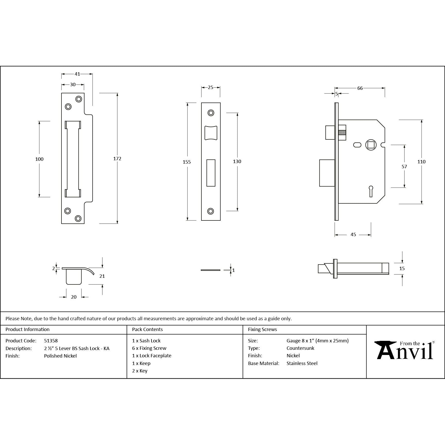 Polished Nickel 2½" 5 Lever BS Sash Lock KA - Sash Locks - From The Anvil - Yester Home