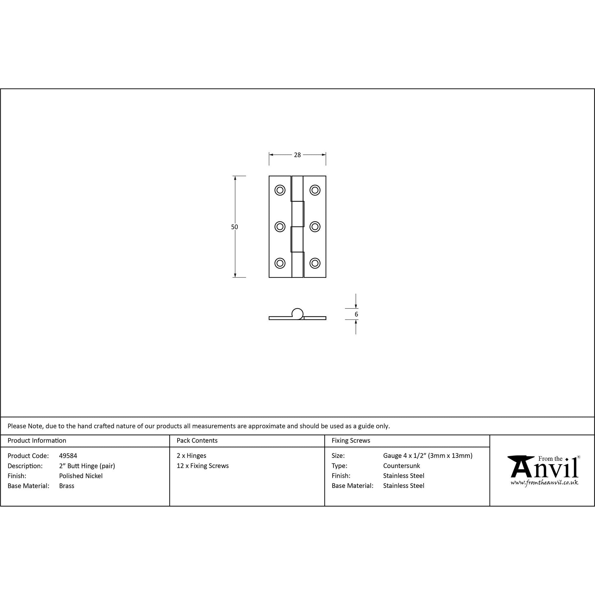 Polished Nickel 2" Butt Hinge (pair) | From The Anvil - Butt Hinges - From The Anvil - Yester Home