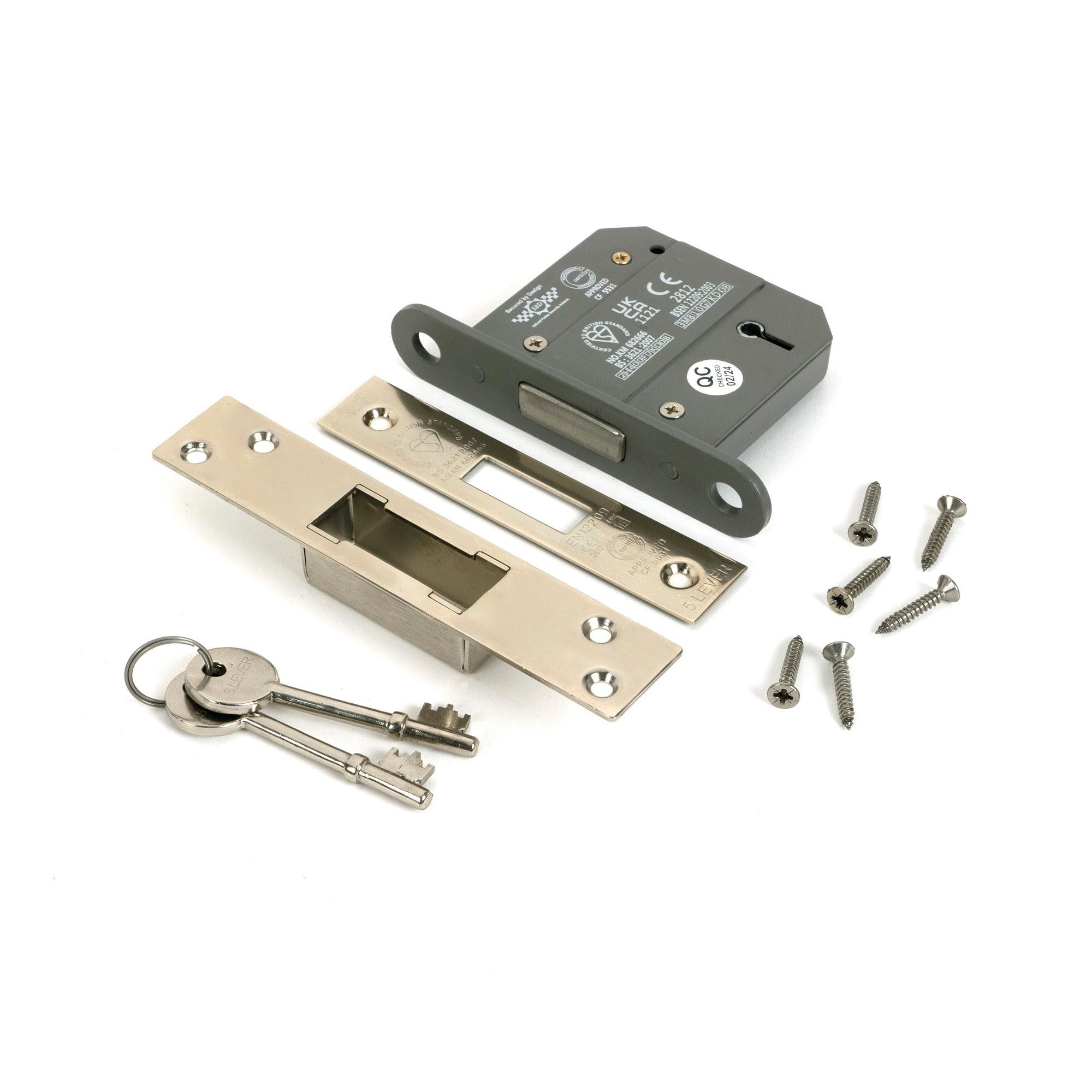 Polished Nickel 3" 5 Lever BS Dead Lock KA - Deadlocks & Deadbolts - From The Anvil - Yester Home