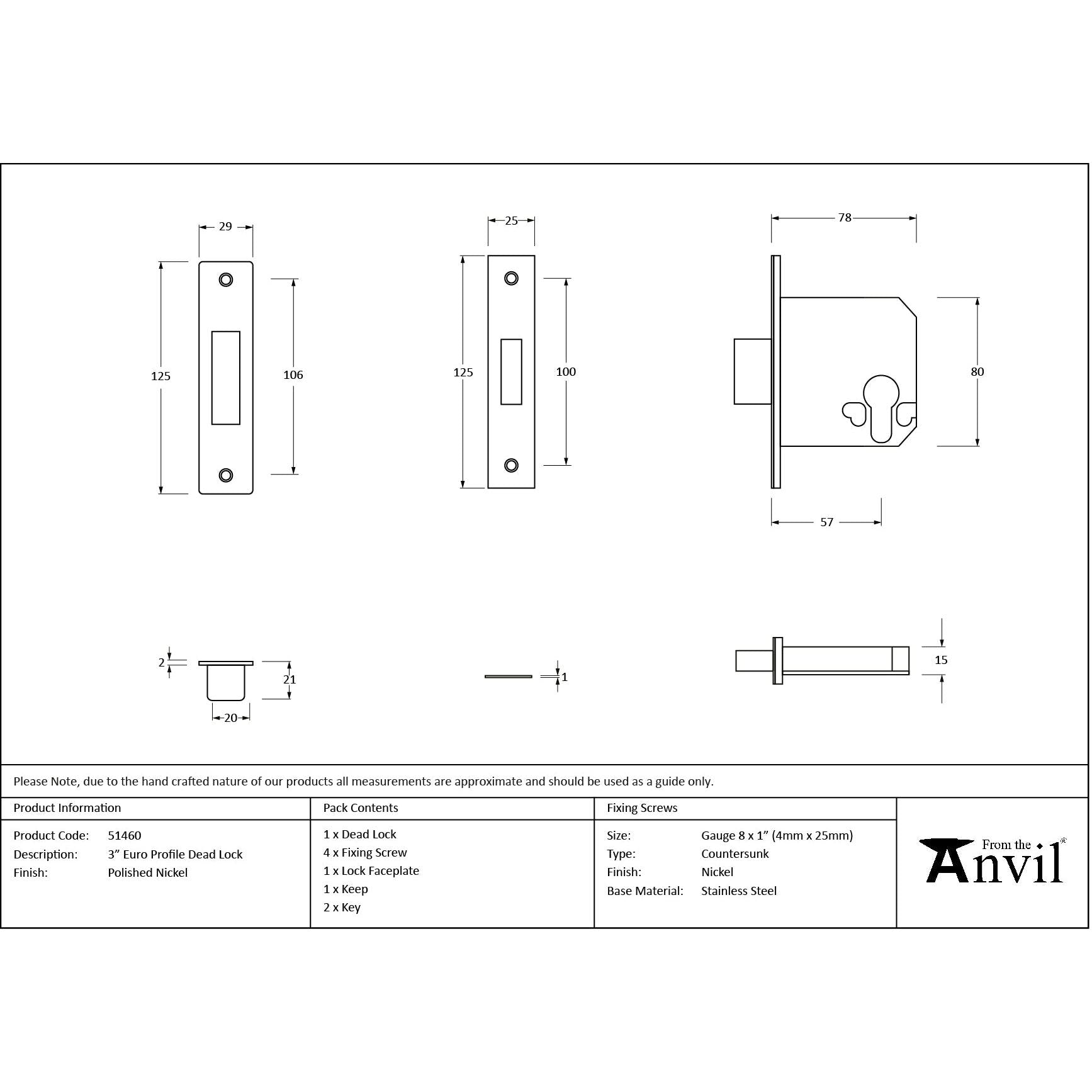 Polished Nickel 3" Euro Profile Dead Lock - Deadlocks & Deadbolts - From The Anvil - Yester Home