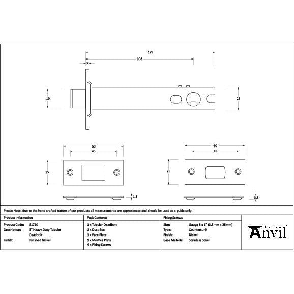 Polished Nickel 5" Heavy Duty Tubular Deadbolt - Deadlocks & Deadbolts - From The Anvil - Yester Home