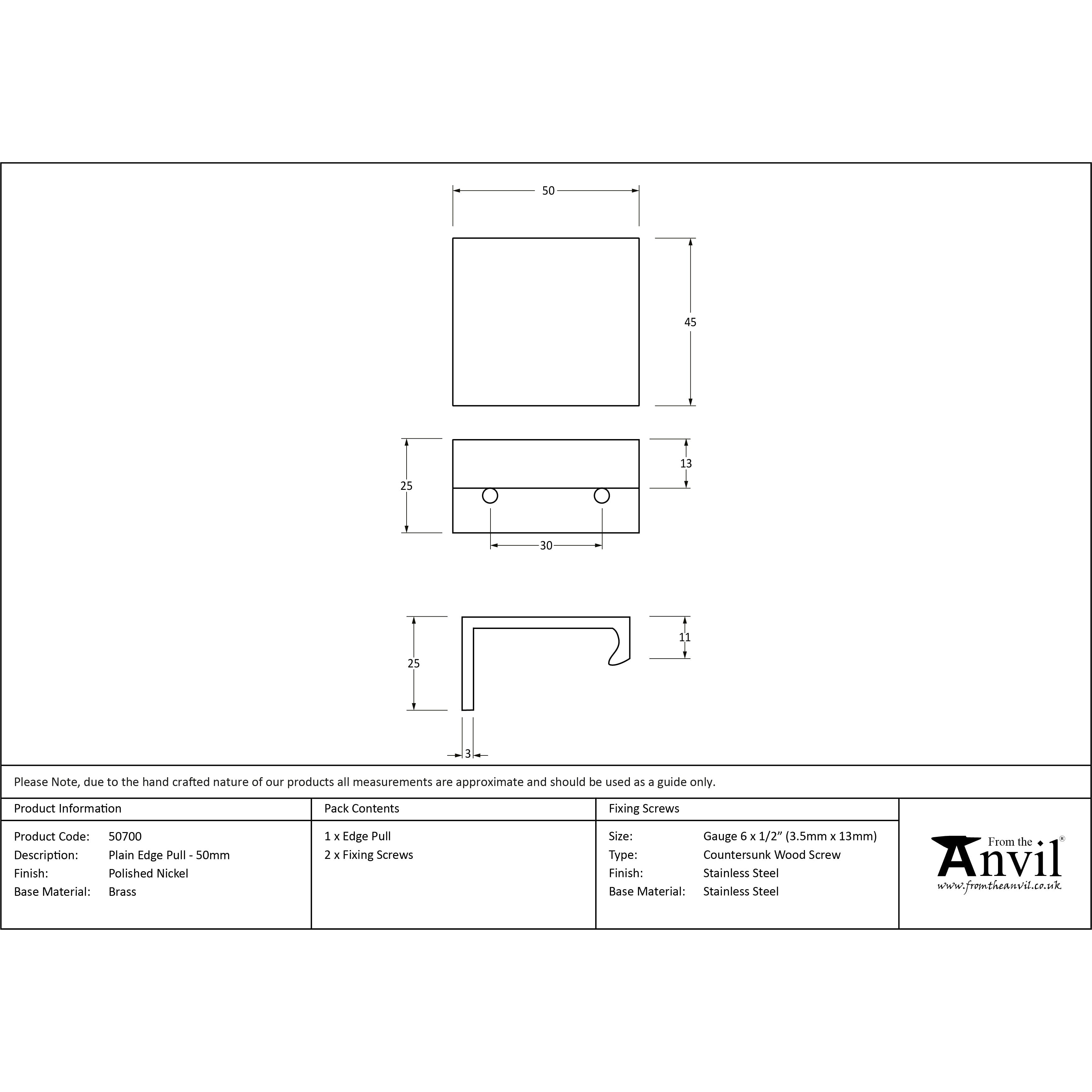Polished Nickel 50mm Plain Edge Pull | From The Anvil-Cabinet Pulls-Yester Home
