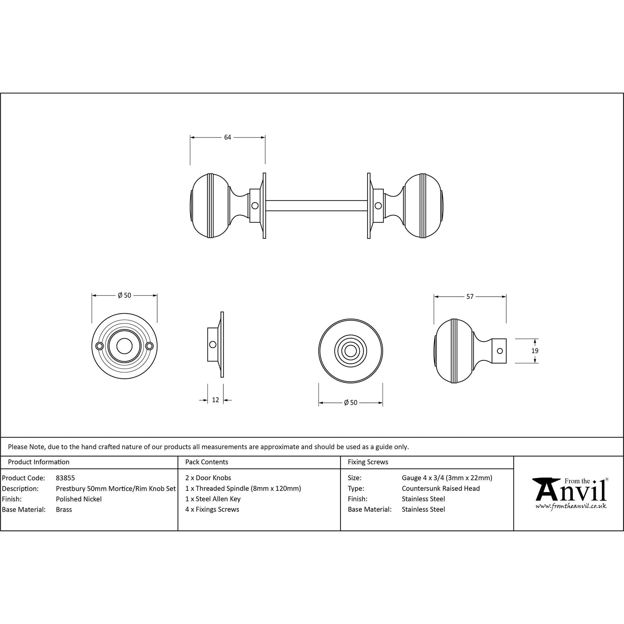 Polished Nickel 50mm Prestbury Mortice/Rim Knob Set | From The Anvil - Mortice Knobs - From The Anvil - Yester Home