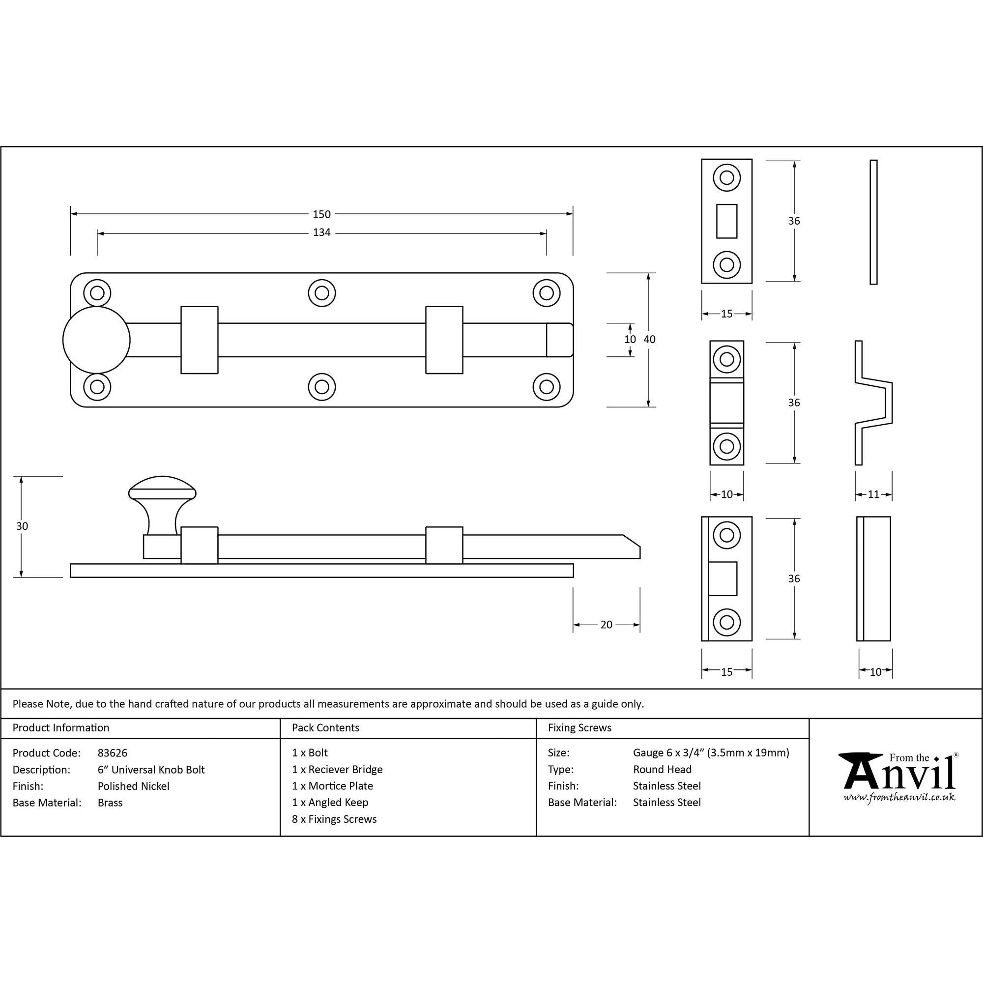 Polished Nickel 6" Universal Bolt | From The Anvil - Bolts - From The Anvil - Yester Home