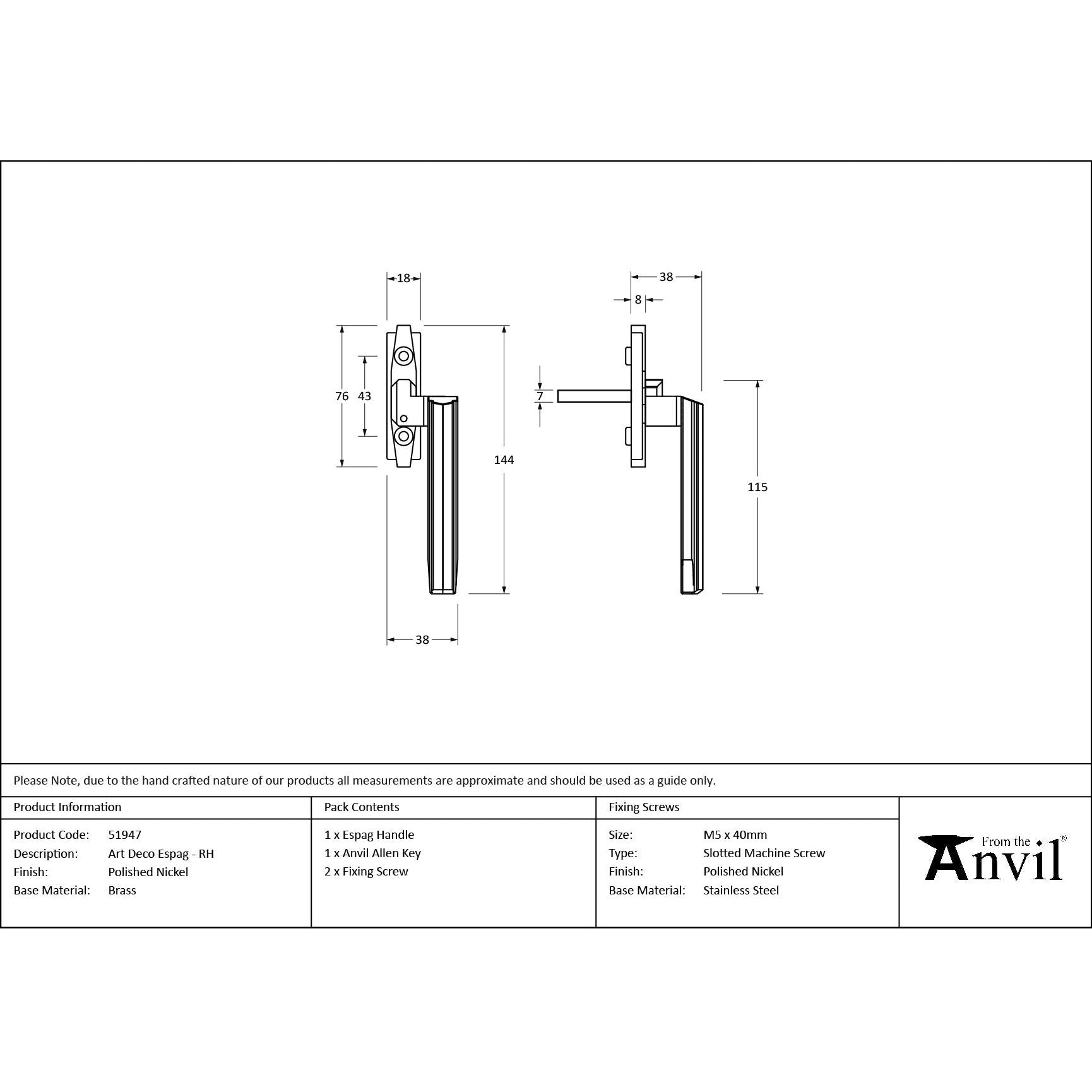 Polished Nickel Art Deco Espag - RH - Espag. Fasteners - From The Anvil - Yester Home