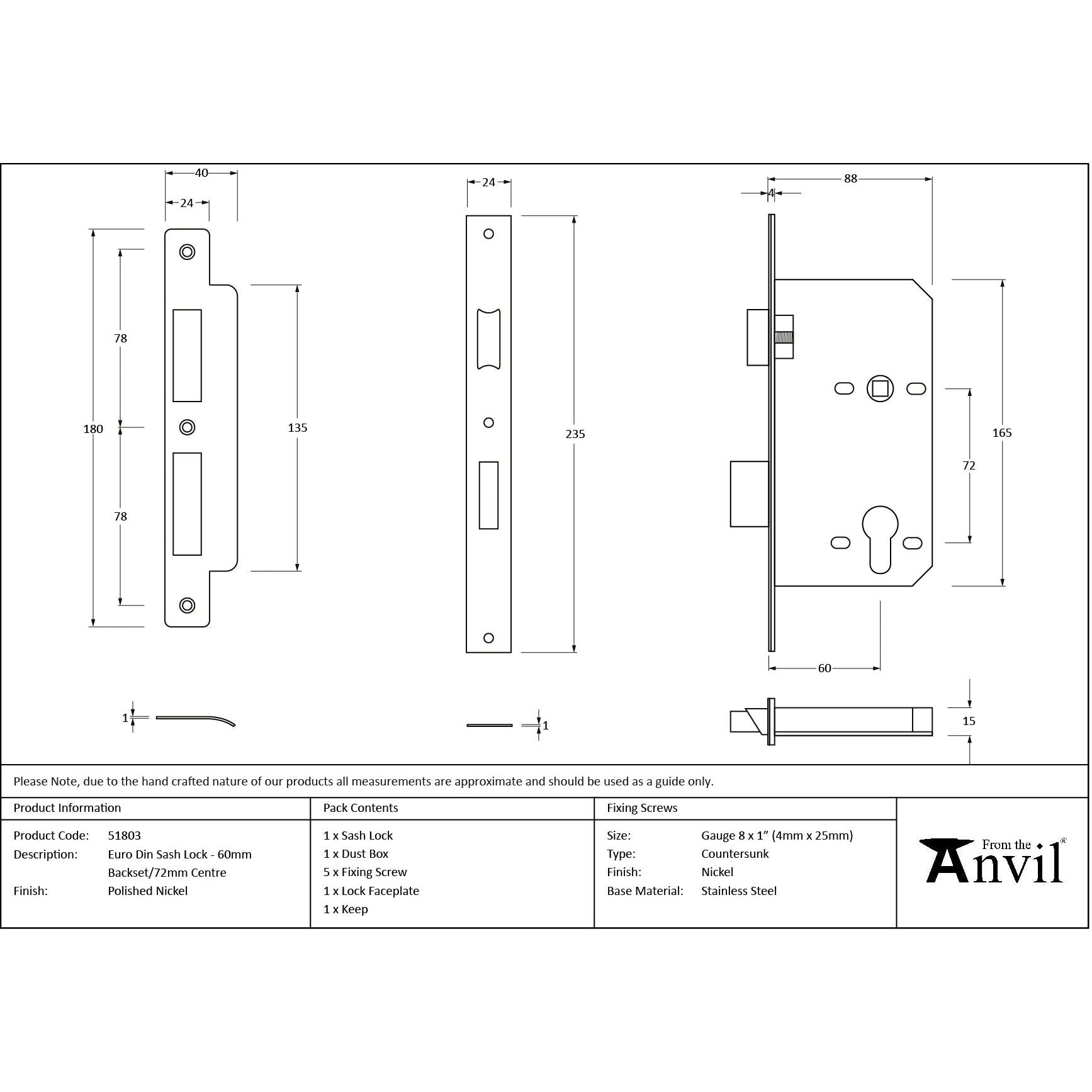 Polished Nickel Euro Din Sash Lock - 60mm Backset/72mm Centre - Euro Locks - From The Anvil - Yester Home