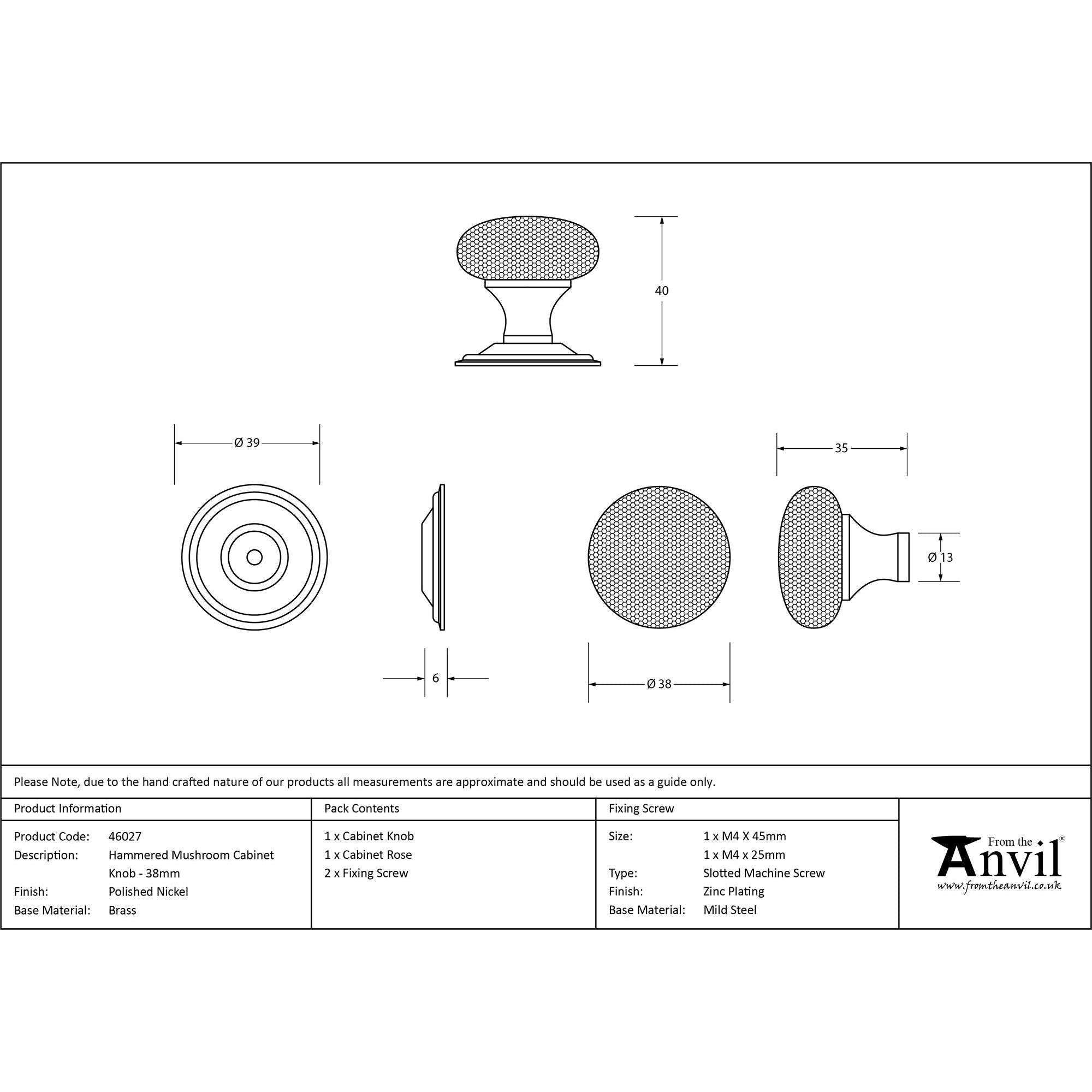Polished Nickel Hammered Mushroom Cabinet Knob 38mm | From The Anvil - Cabinet Knobs - From The Anvil - Yester Home