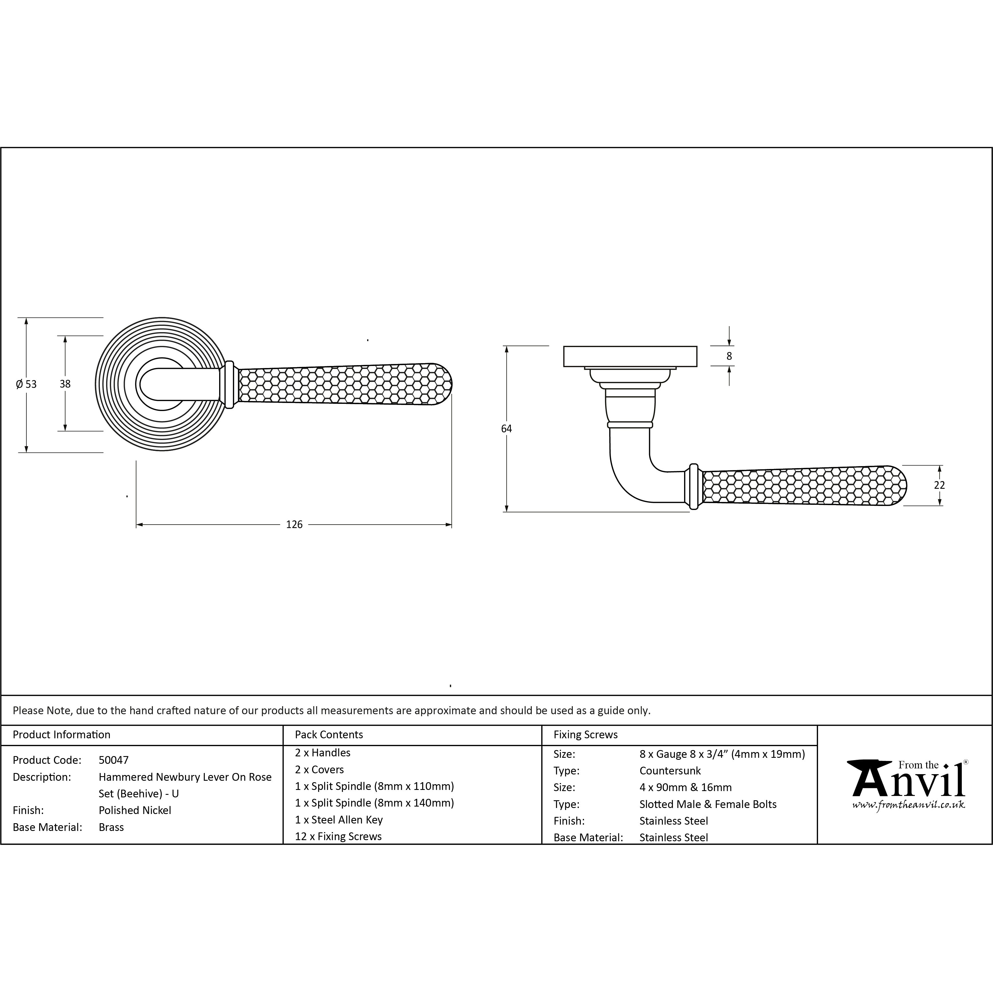 Polished Nickel Hammered Newbury Lever on Rose Set (Beehive) - Unsprung | From The Anvil-Concealed-Yester Home