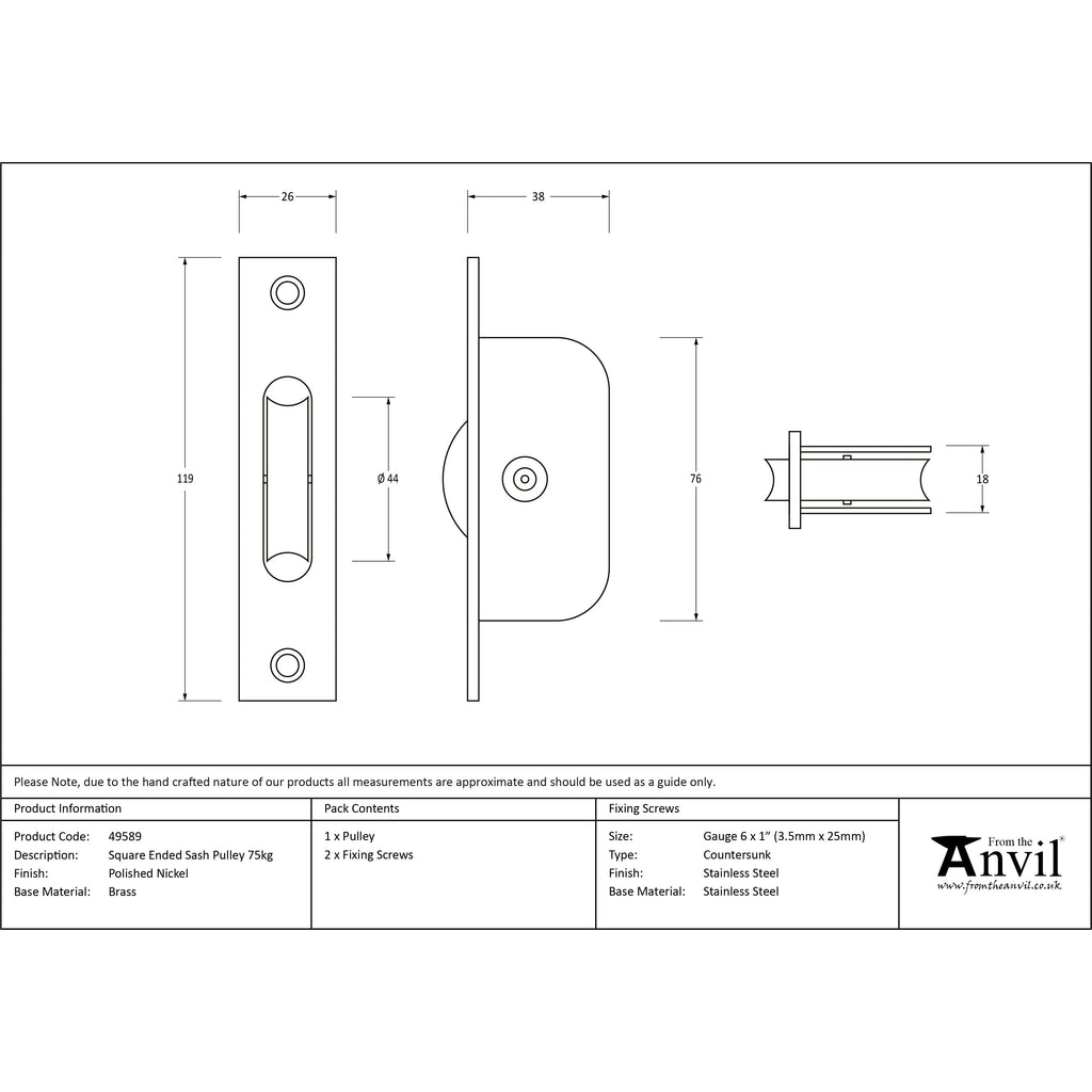 Polished Nickel Square Ended Sash Pulley 75kg | From The Anvil-Sash Pulleys-Yester Home