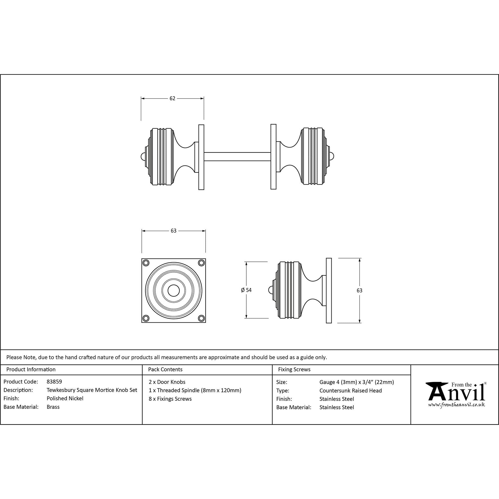 Polished Nickel Tewkesbury Square Mortice Knob Set | From The Anvil - Mortice Knobs - From The Anvil - Yester Home