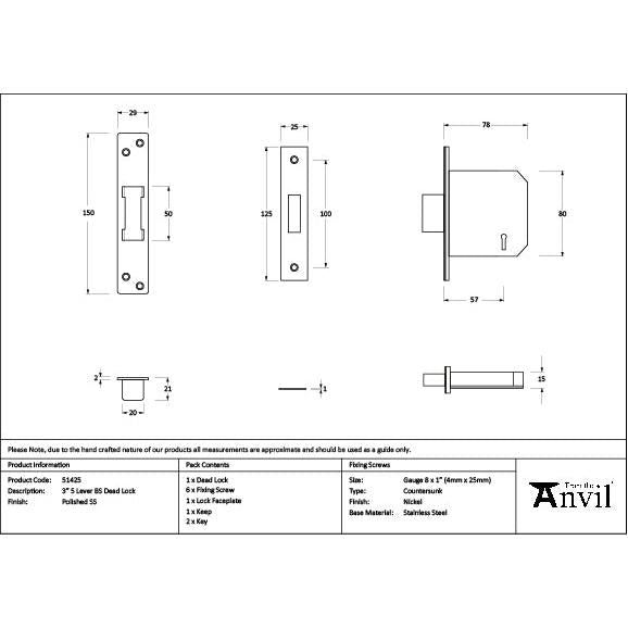 Polished SS 3" 5 Lever BS Dead Lock - Deadlocks & Deadbolts - From The Anvil - Yester Home