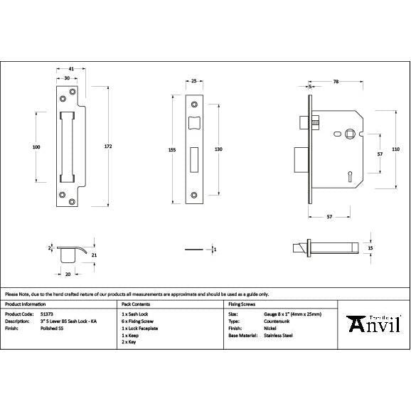 Polished SS 3" 5 Lever BS Sash Lock KA - Sash Locks - From The Anvil - Yester Home