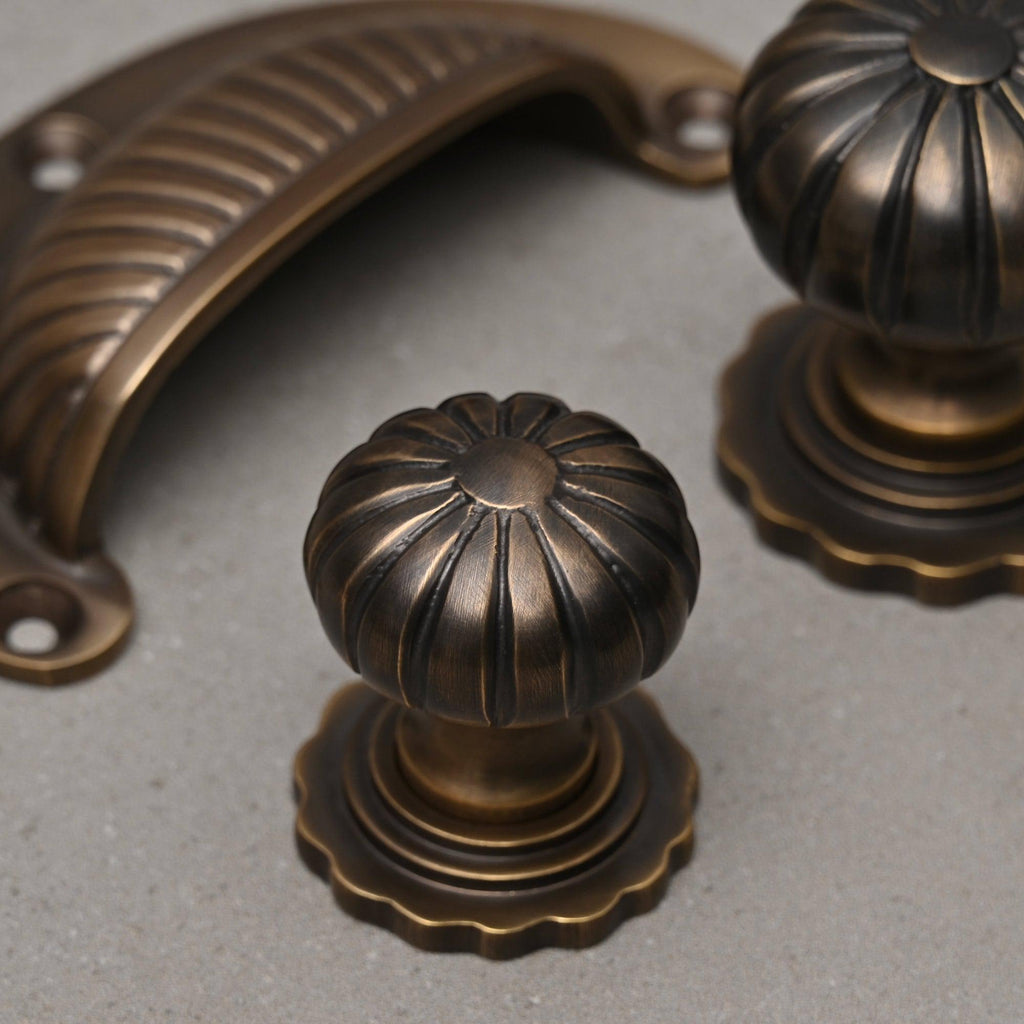 Reeded Cup Pull & Cabinet Knobs | Aged Brass-Cabinet Knobs-Yester Home