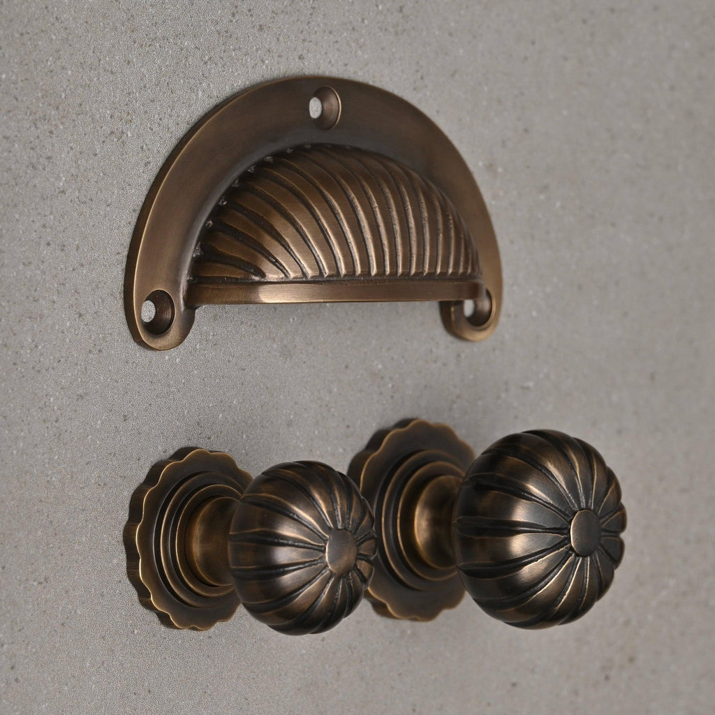 Reeded Cup Pull & Cabinet Knobs | Aged Brass-Cabinet Knobs-Yester Home