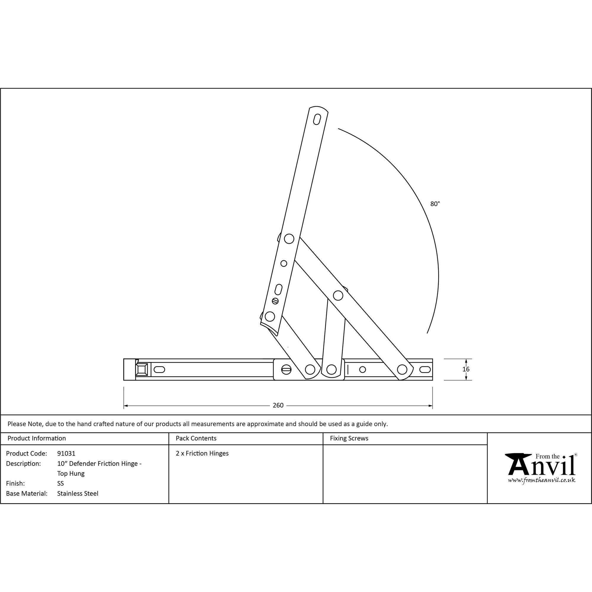 SS 10" Defender Friction Hinge - Top Hung | From The Anvil - Friction Hinges - From The Anvil - Yester Home