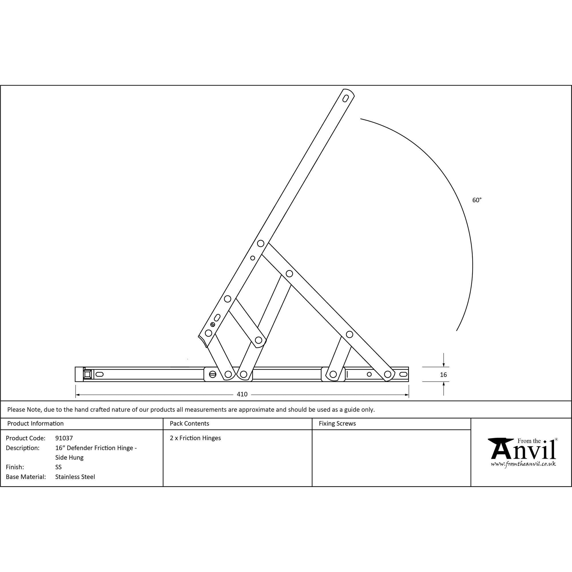 SS 16" Defender Friction Hinge - Side Hung | From The Anvil - Friction Hinges - From The Anvil - Yester Home