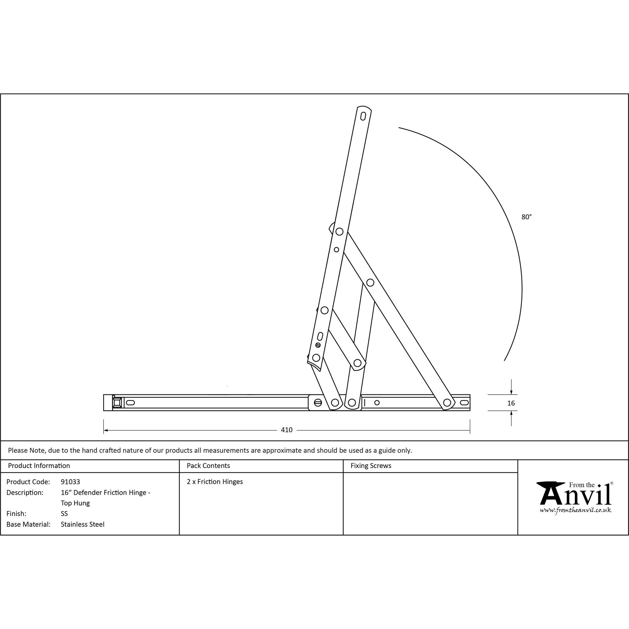 SS 16" Defender Friction Hinge - Top Hung | From The Anvil - Friction Hinges - From The Anvil - Yester Home