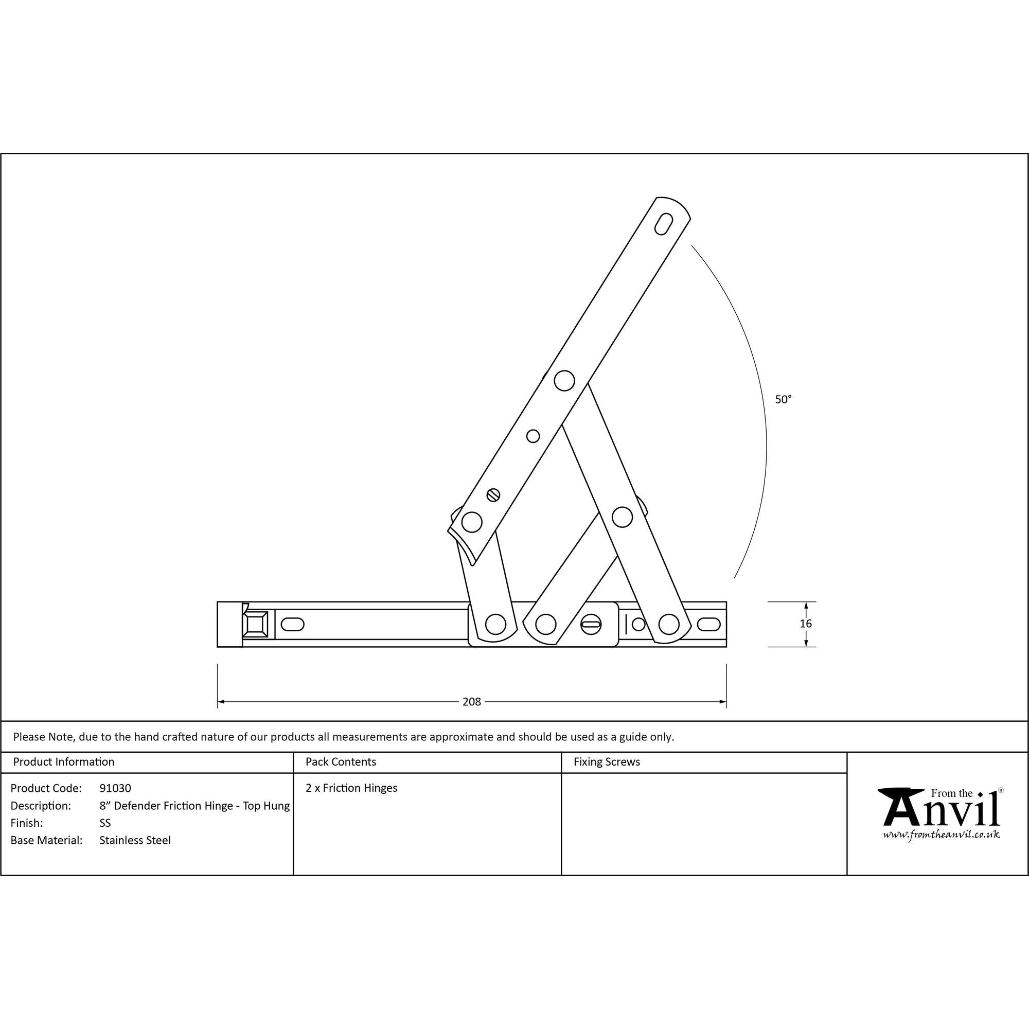 SS 8" Defender Friction Hinge - Top hung | From The Anvil - Friction Hinges - From The Anvil - Yester Home