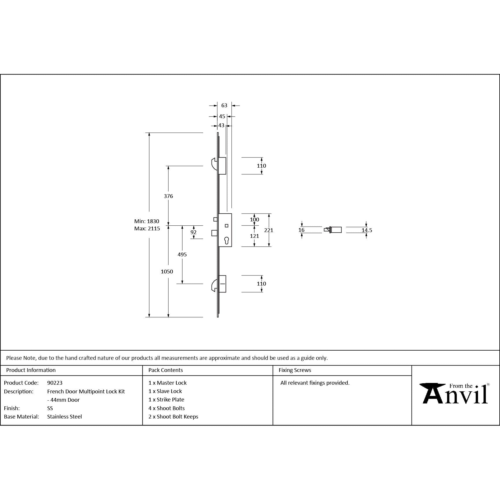 SS French Door Multipoint Lock Kit 44mm Door | From The Anvil - Multi-Point Locks - From The Anvil - Yester Home