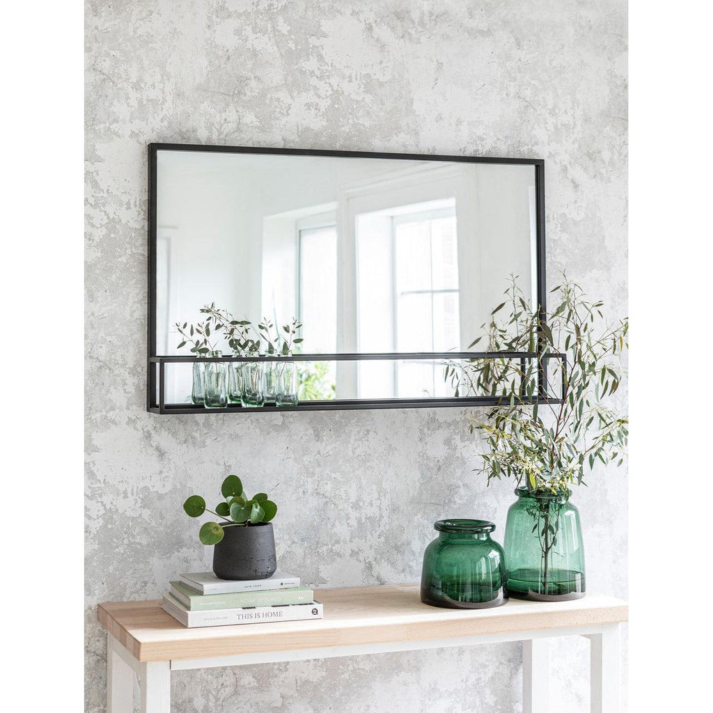 Sapperton Mirror with Shelf, Wide in Black - Iron