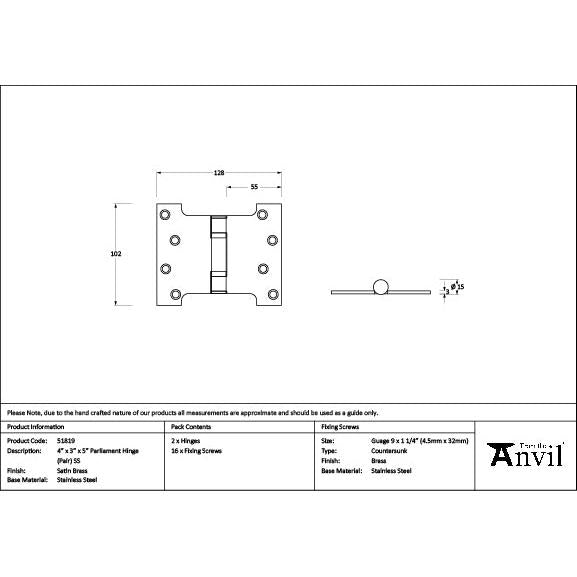Satin Brass 4" x 3" x 5" Parliament Hinge (pair) ss - Parliament Hinges - From The Anvil - Yester Home