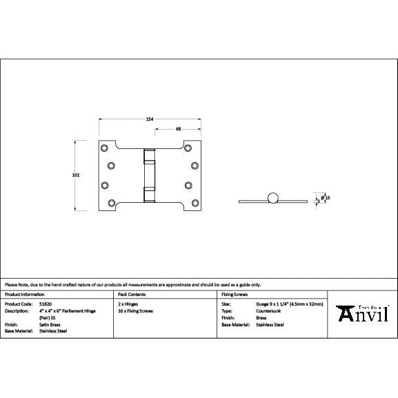 Satin Brass 4" x 4" x 6" Parliament Hinge (pair) ss - Parliament Hinges - From The Anvil - Yester Home