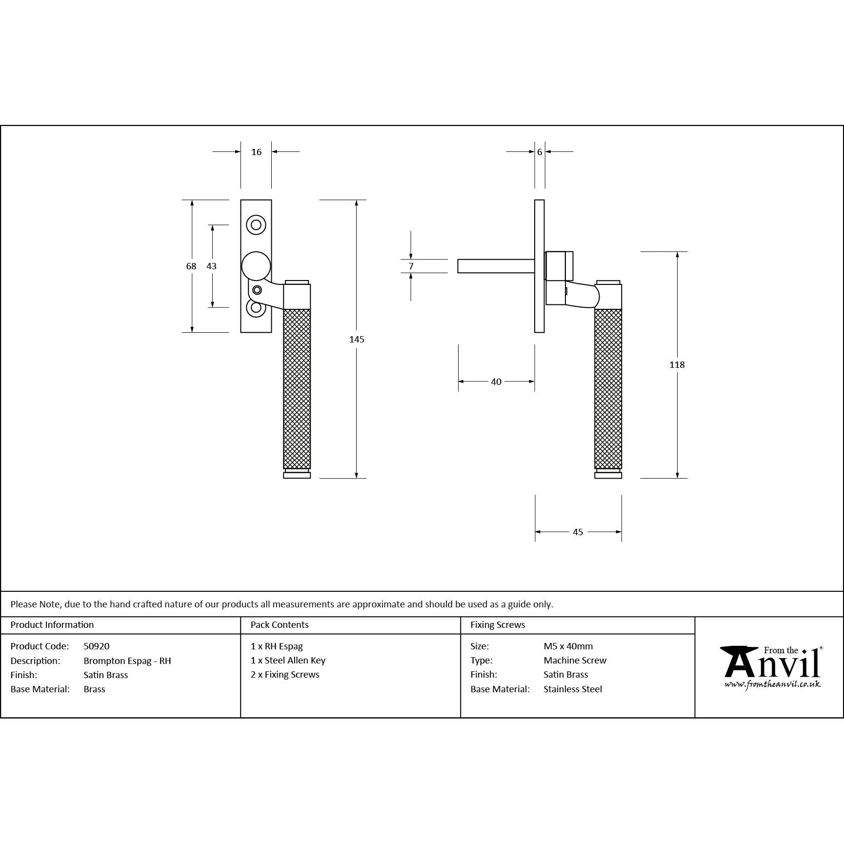 Satin Brass Brompton Espag - RH | From The Anvil - Espag. Fasteners - From The Anvil - Yester Home