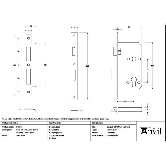 Satin Brass Euro Din Sash Lock - 60mm Backset/72mm Centre - Euro Locks - From The Anvil - Yester Home