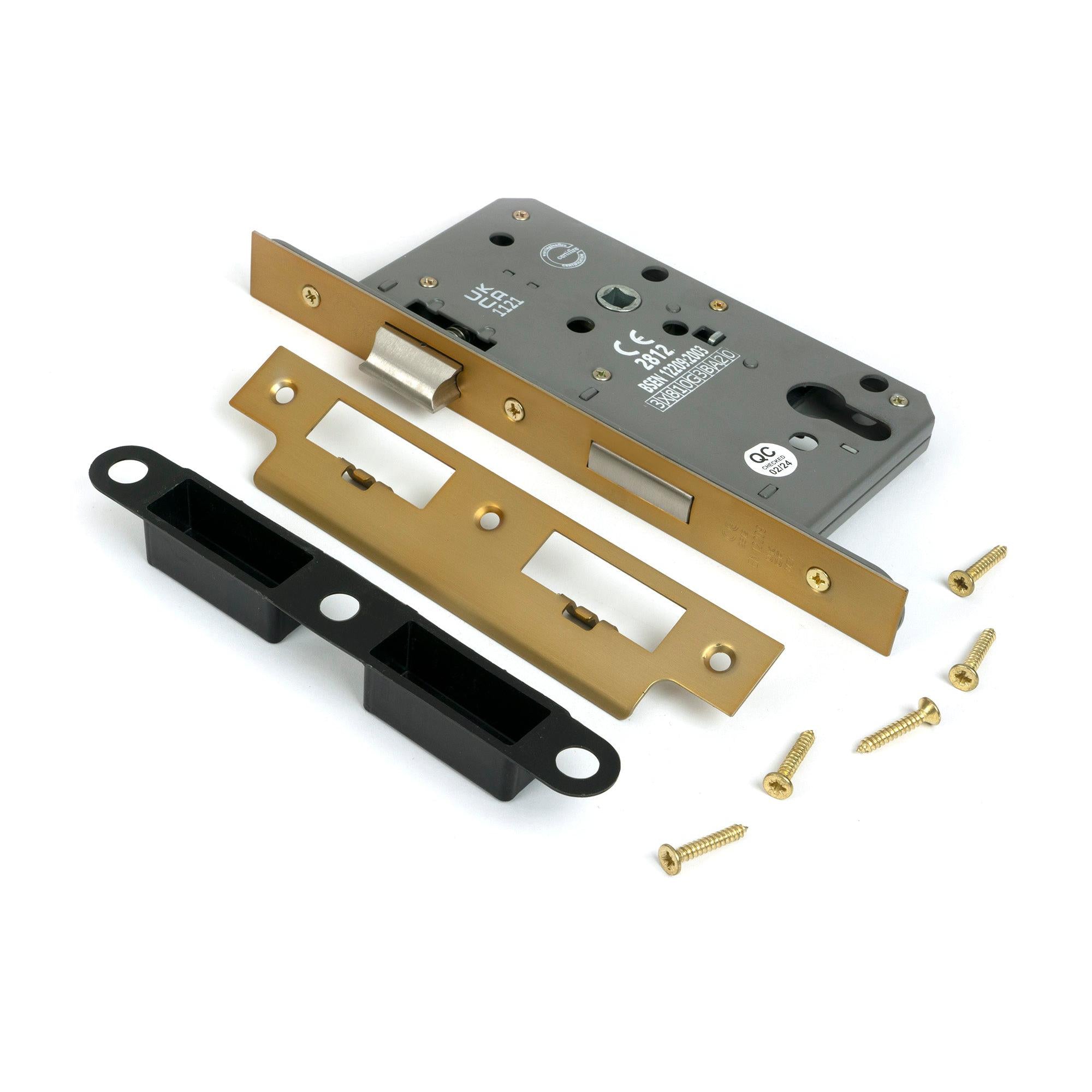 Satin Brass Euro Din Sash Lock - 60mm Backset/72mm Centre - Euro Locks - From The Anvil - Yester Home