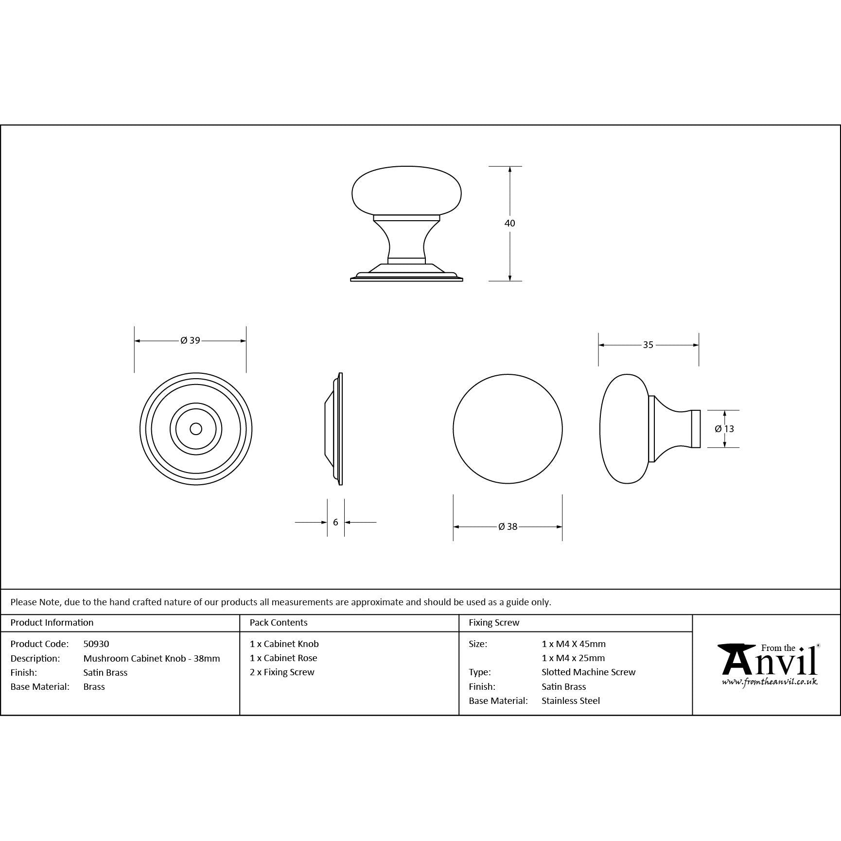 Satin Brass Mushroom Cabinet Knob 38mm | From The Anvil - Cabinet Knobs - From The Anvil - Yester Home