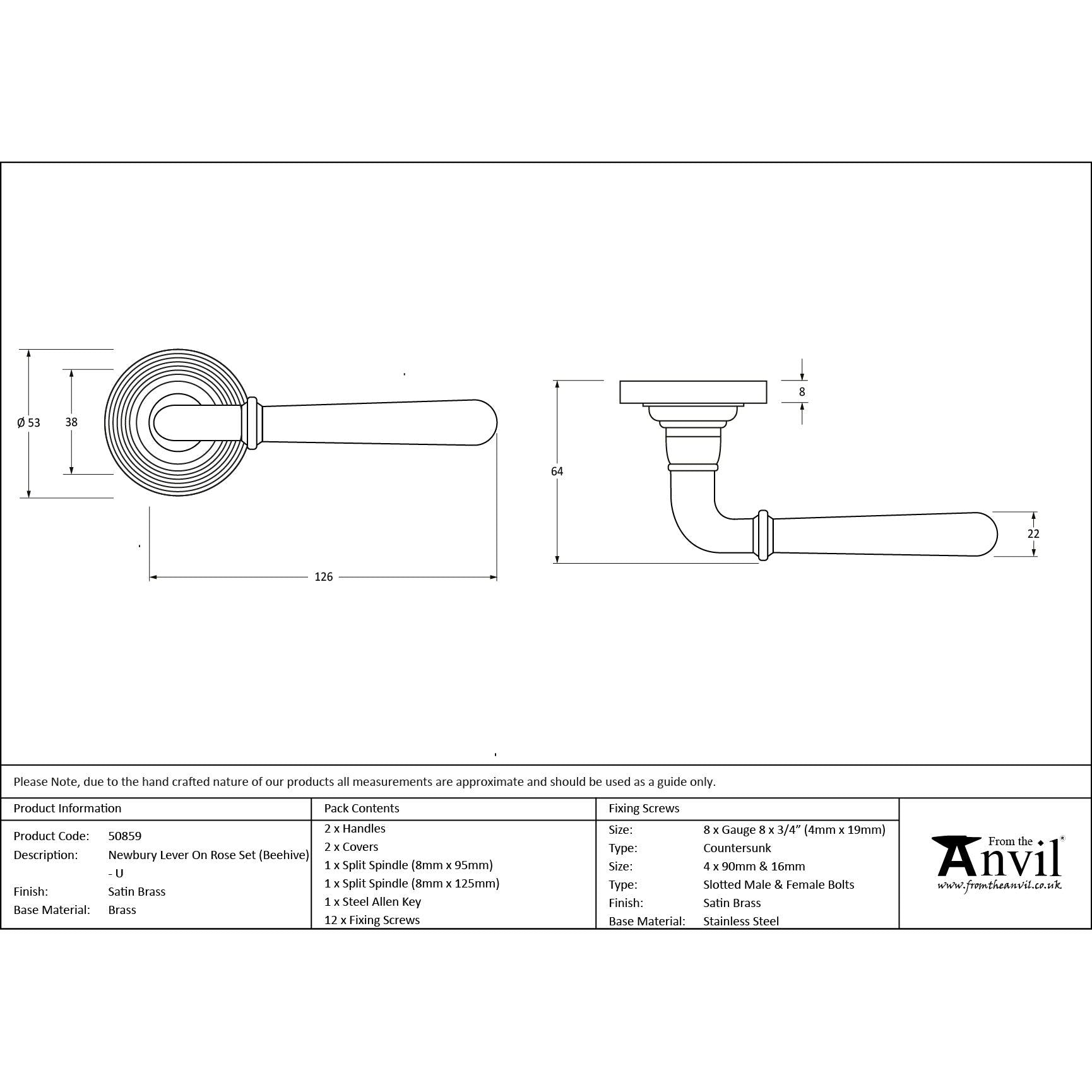 Satin Brass Newbury Lever on Rose Set (Beehive) - Unsprung | From The Anvil - Concealed - From The Anvil - Yester Home