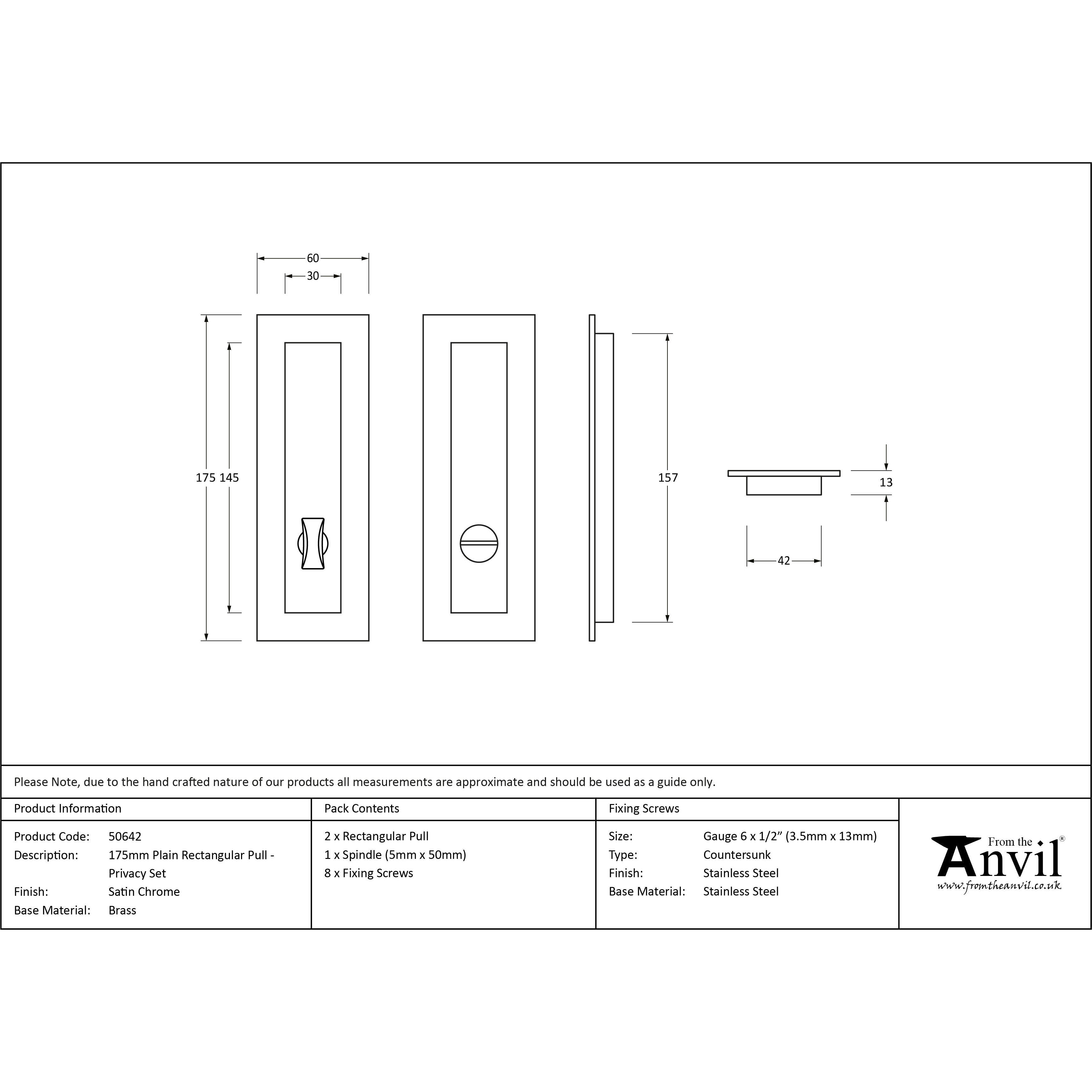 Satin Chrome 175mm Plain Rectangular Pull - Privacy Set | From The Anvil-Cabinet Pulls-Yester Home
