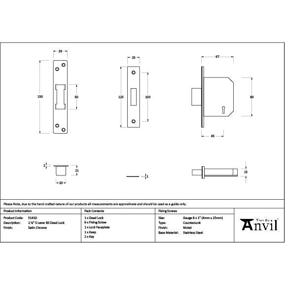 Satin Chrome 2½" 5 Lever BS Dead Lock - Deadlocks & Deadbolts - From The Anvil - Yester Home