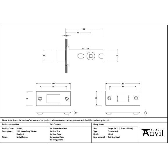 Satin Chrome 2½" Heavy Duty Tubular Deadbolt - Deadlocks & Deadbolts - From The Anvil - Yester Home