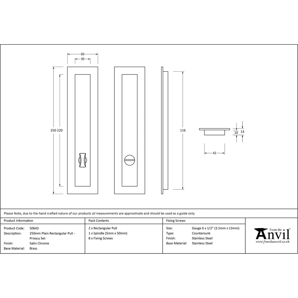 Satin Chrome 250mm Plain Rectangular Pull - Privacy Set | From The Anvil