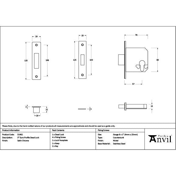 Satin Chrome 3" Euro Profile Dead Lock - Deadlocks & Deadbolts - From The Anvil - Yester Home