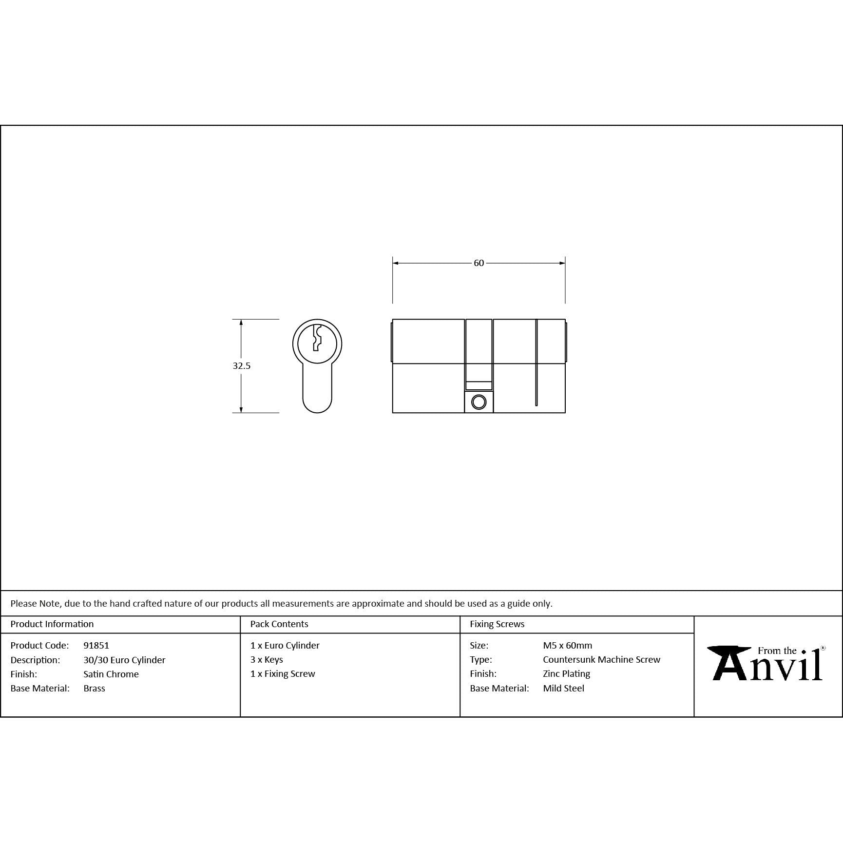 Satin Chrome 30/30 Euro Cylinder | From The Anvil - Euro Cylinders - From The Anvil - Yester Home