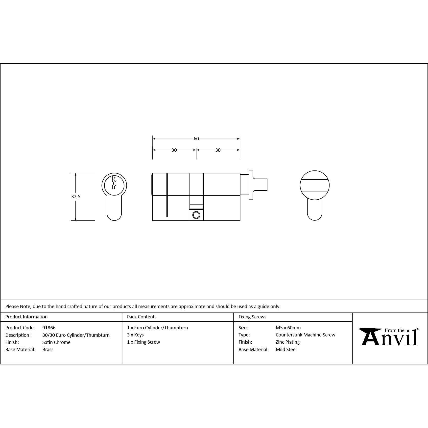 Satin Chrome 30/30 Euro Cylinder/Thumbturn | From The Anvil - Euro Cylinders - From The Anvil - Yester Home