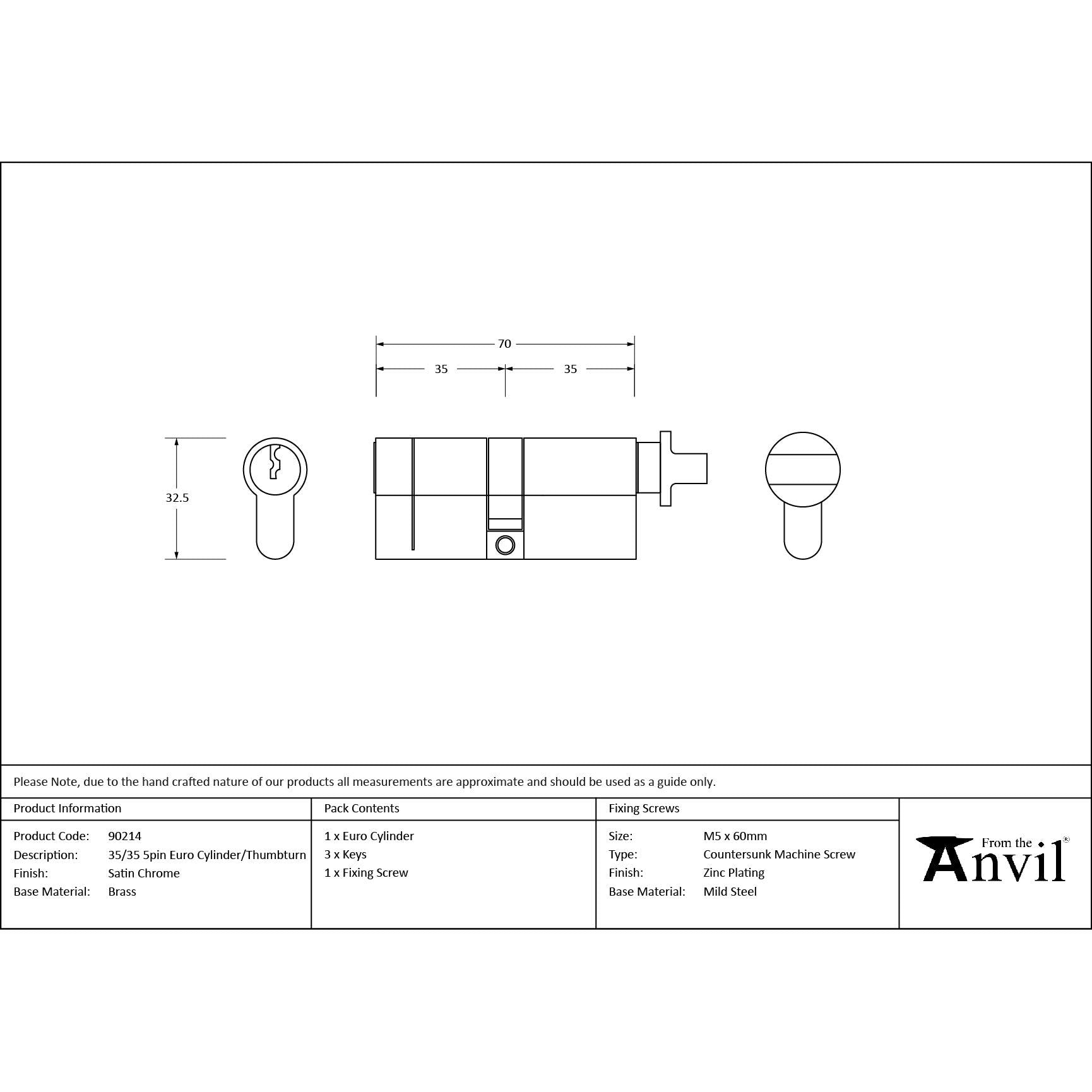Satin Chrome 35/35 Euro Cylinder/Thumbturn | From The Anvil - Euro Cylinders - From The Anvil - Yester Home