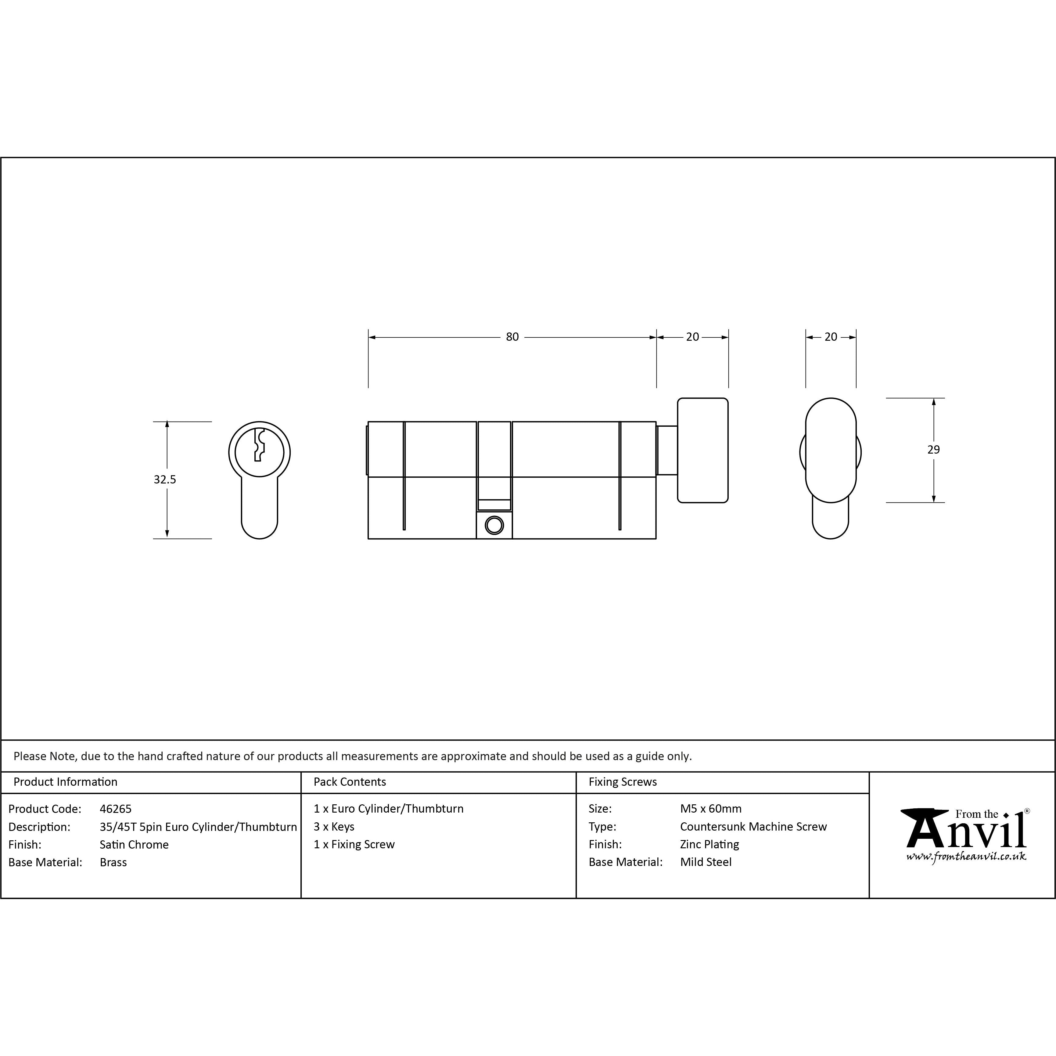Satin Chrome 35/45T 5pin Euro Cylinder/Thumbturn | From The Anvil - Euro Cylinders - From The Anvil - Yester Home