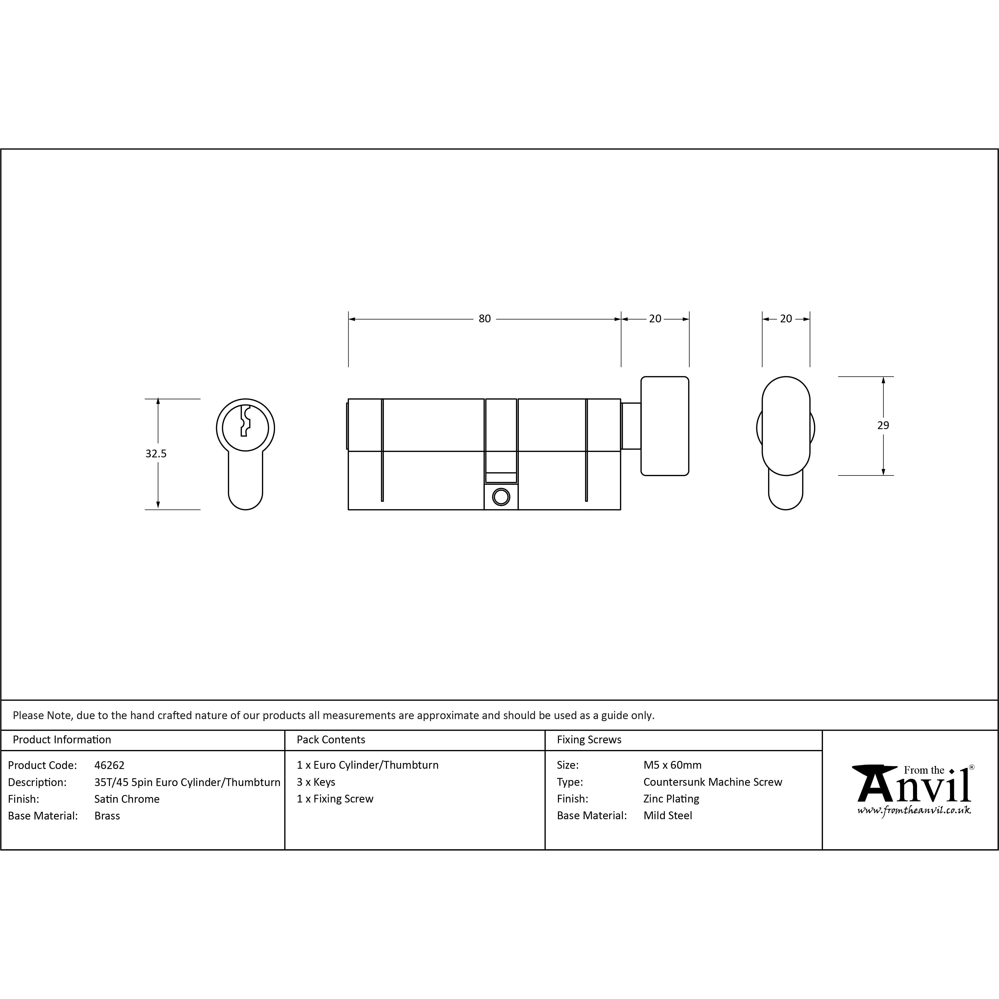 Satin Chrome 35T/45 5pin Euro Cylinder/Thumbturn | From The Anvil-Euro Cylinders-Yester Home