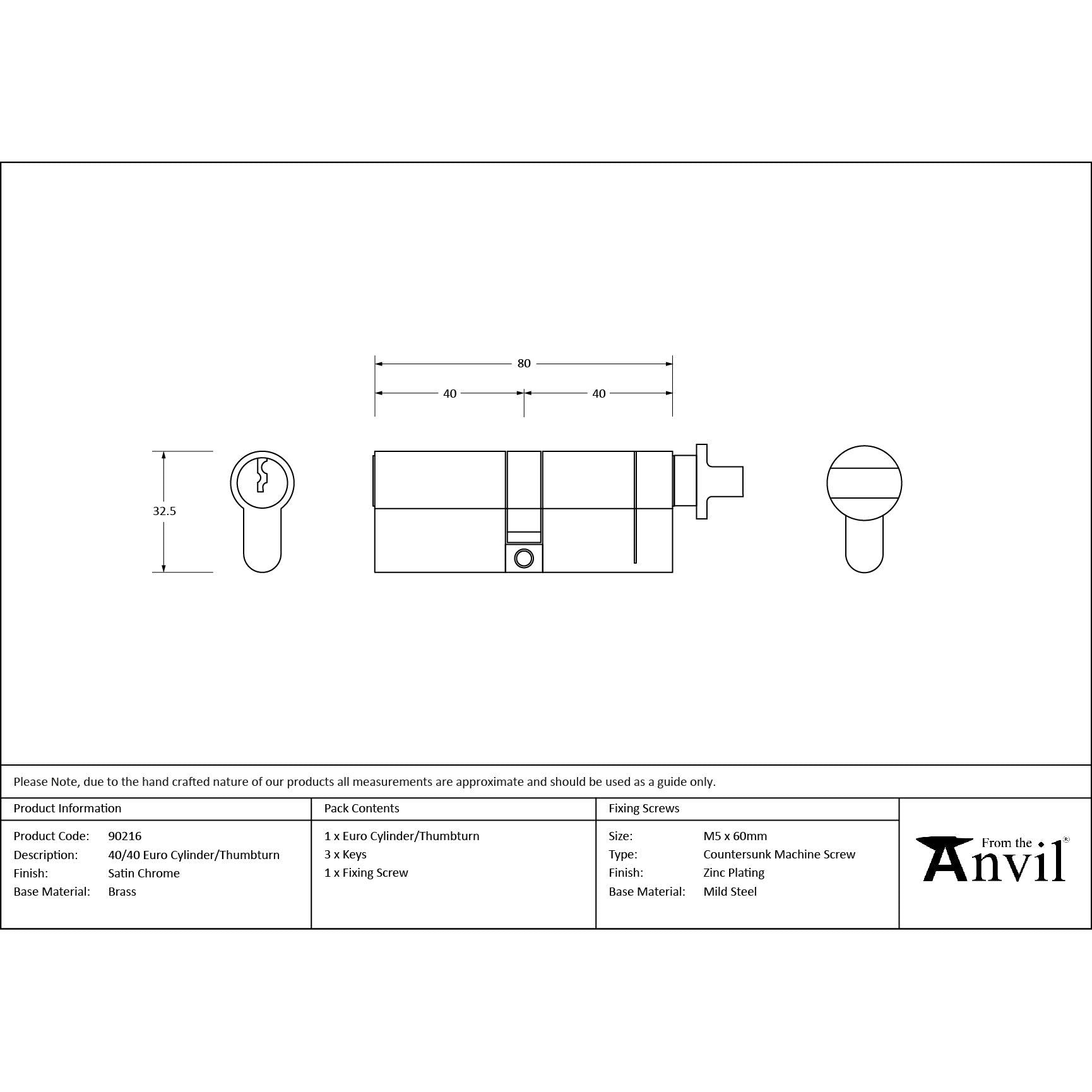 Satin Chrome 40/40 Cylinder/Thumbturn | From The Anvil - Euro Cylinders - From The Anvil - Yester Home