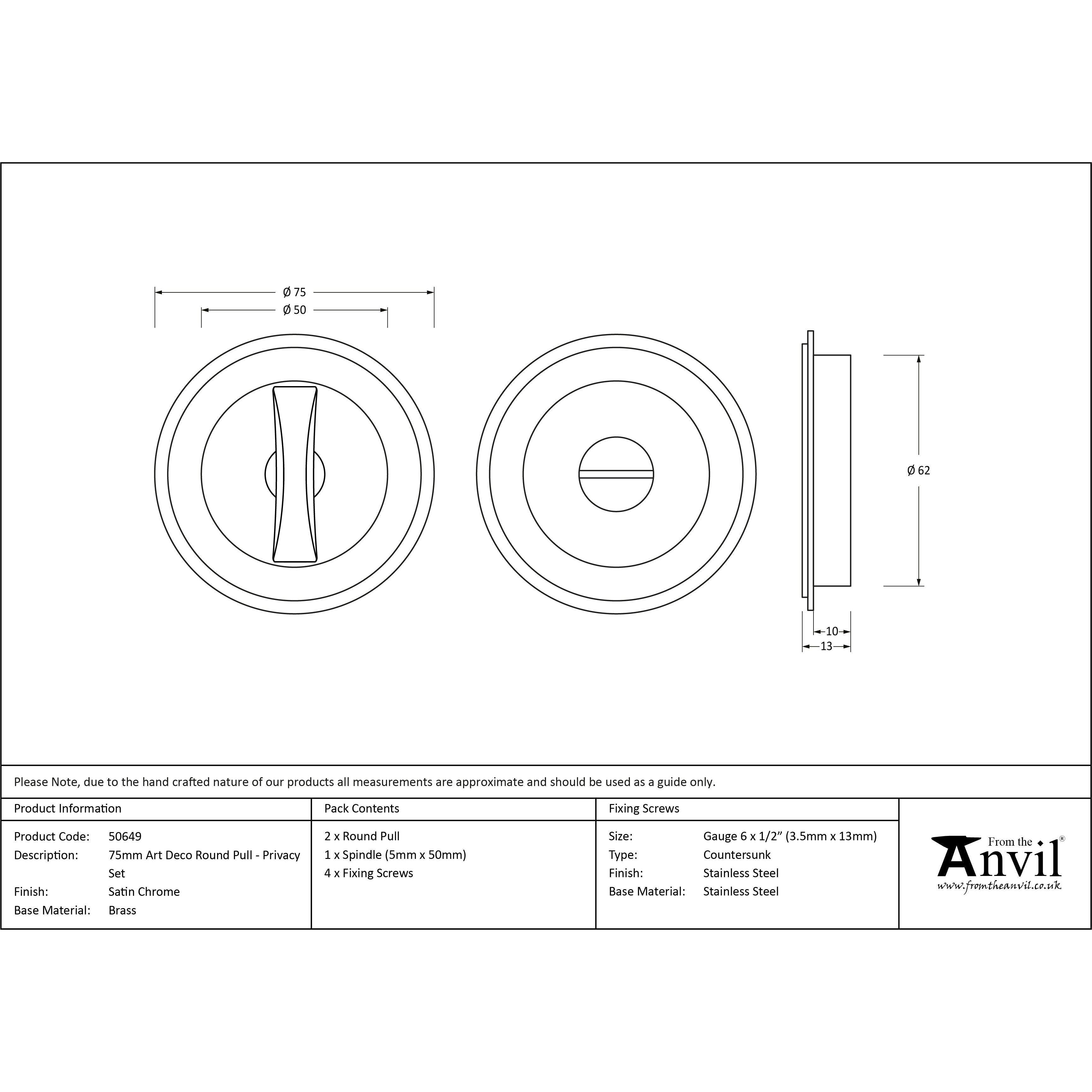 Satin Chrome 75mm Art Deco Round Pull - Privacy Set | From The Anvil-Cabinet Pulls-Yester Home