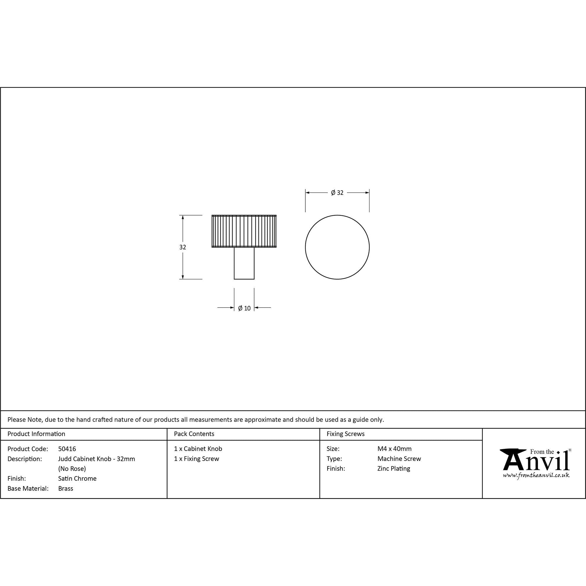Satin Chrome Judd Cabinet Knob - 32mm (No rose) | From The Anvil - Cabinet Knobs - From The Anvil - Yester Home