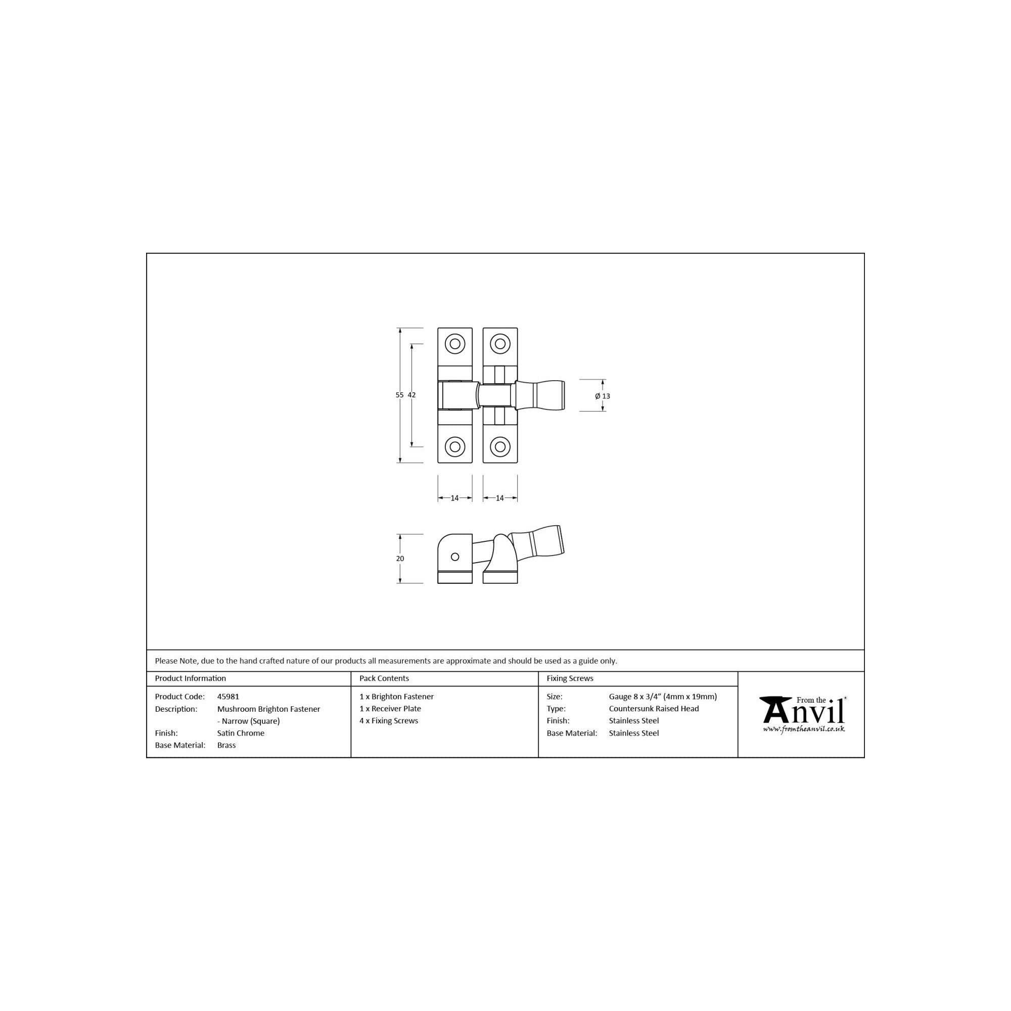 Satin Chrome Mushroom Brighton Fastener - Narrow (Square) | From The Anvil - Brighton Fasteners - From The Anvil - Yester Home