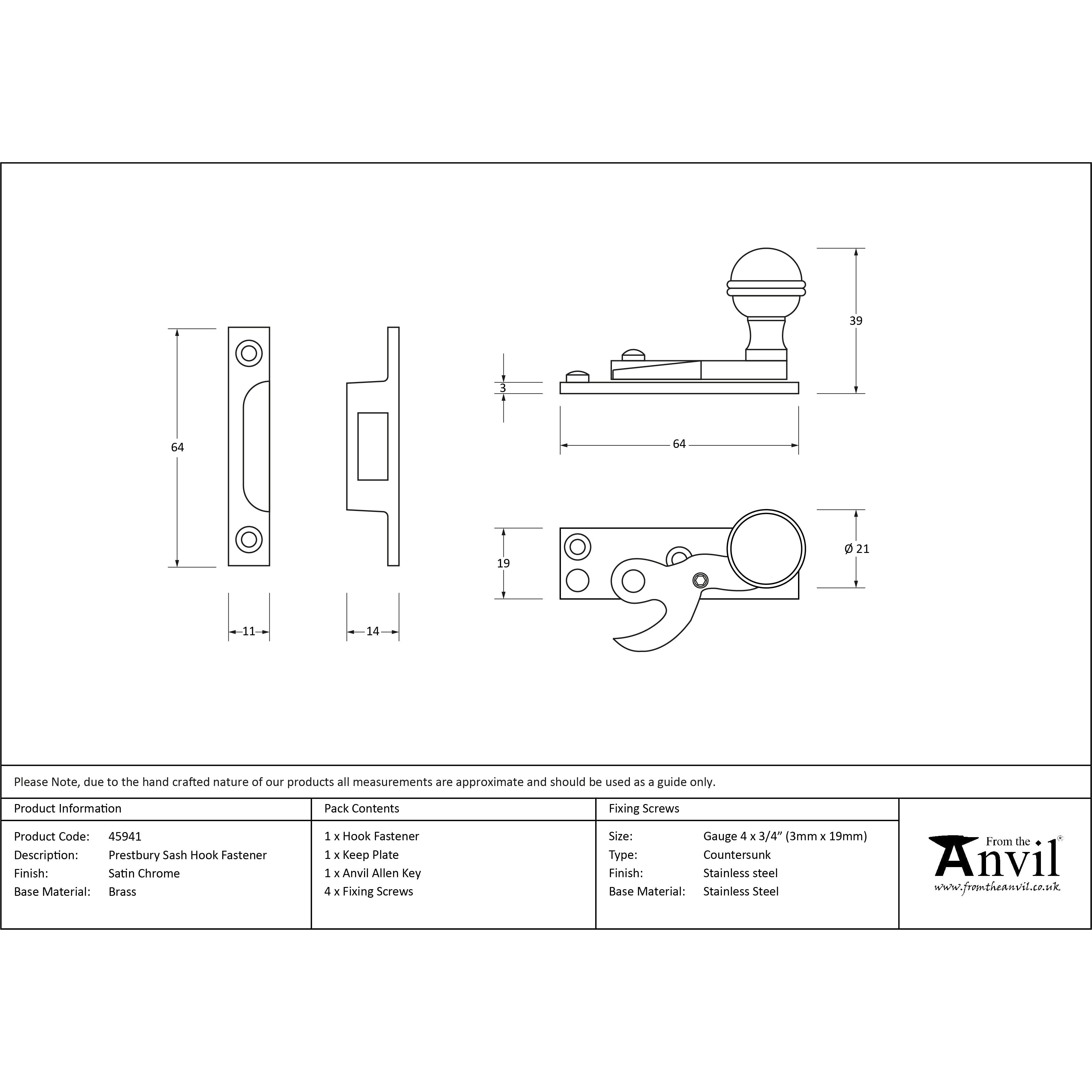 Satin Chrome Prestbury Sash Hook Fastener | From The Anvil-Sash Hook Fasteners-Yester Home
