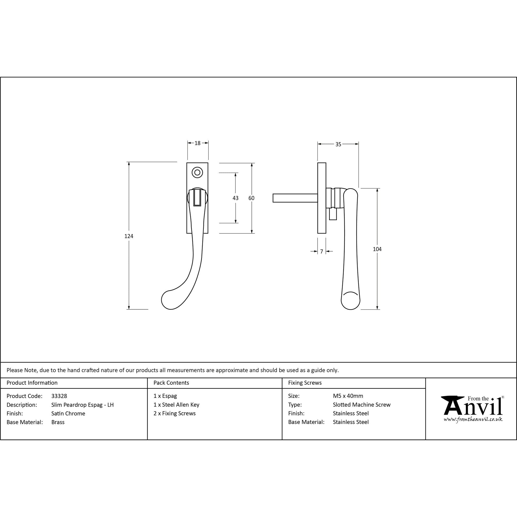 Satin Chrome Slim Peardrop Espag - LH | From The Anvil - Espag. Fasteners - From The Anvil - Yester Home