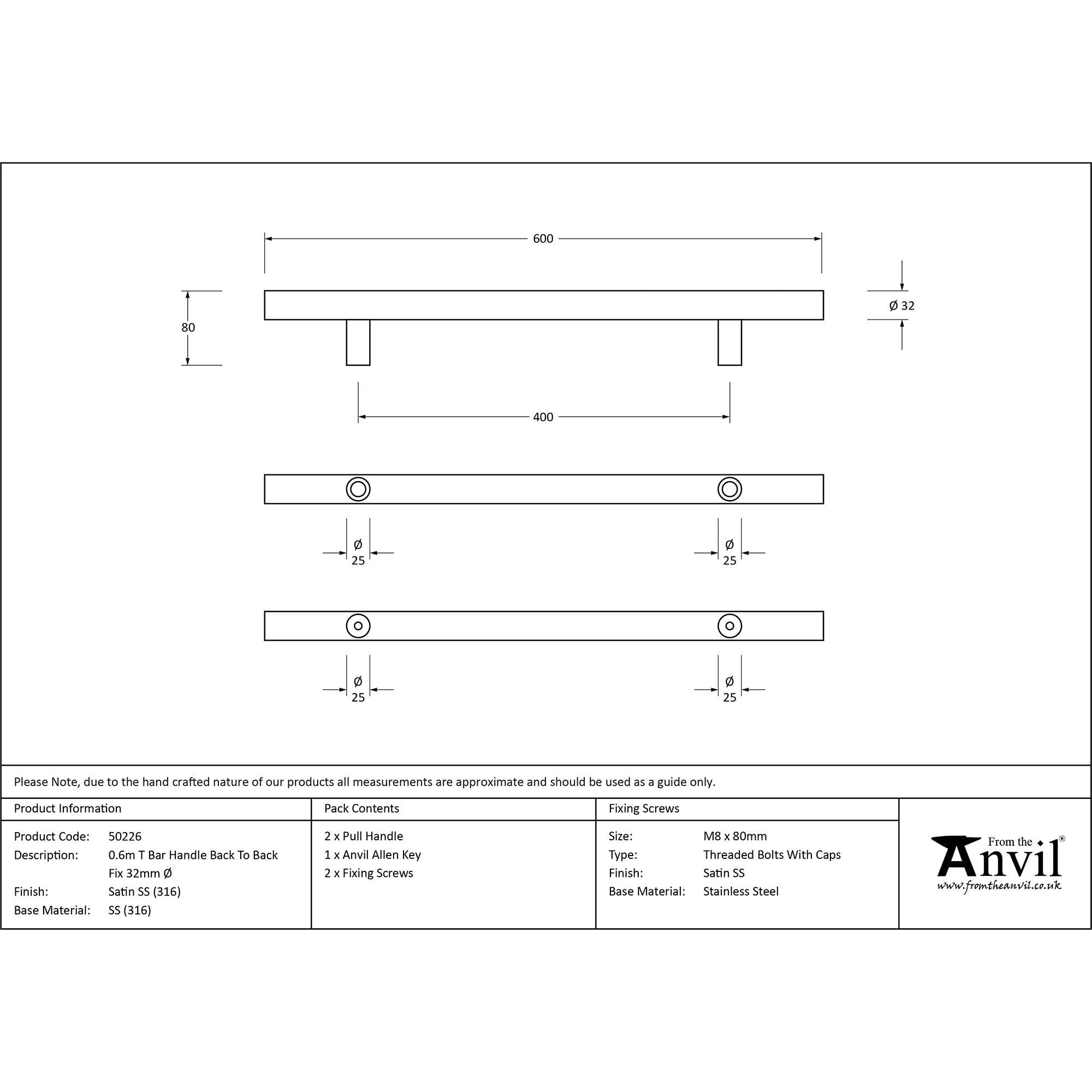 Satin Marine SS (316) 0.6m T Bar Handle B2B Fix 32mm Ø | From The Anvil - Door Pull Handles - From The Anvil - Yester Home