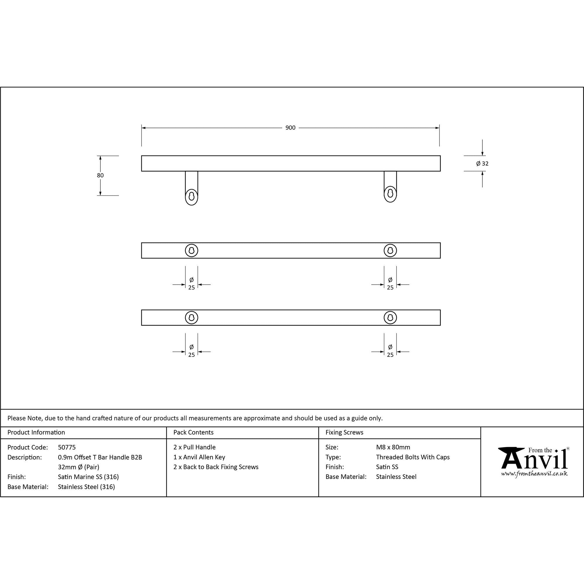 Satin Marine SS (316) 0.9m Offset T Bar Handle B2B 32mm Ø | From The Anvil - Door Pull Handles - From The Anvil - Yester Home