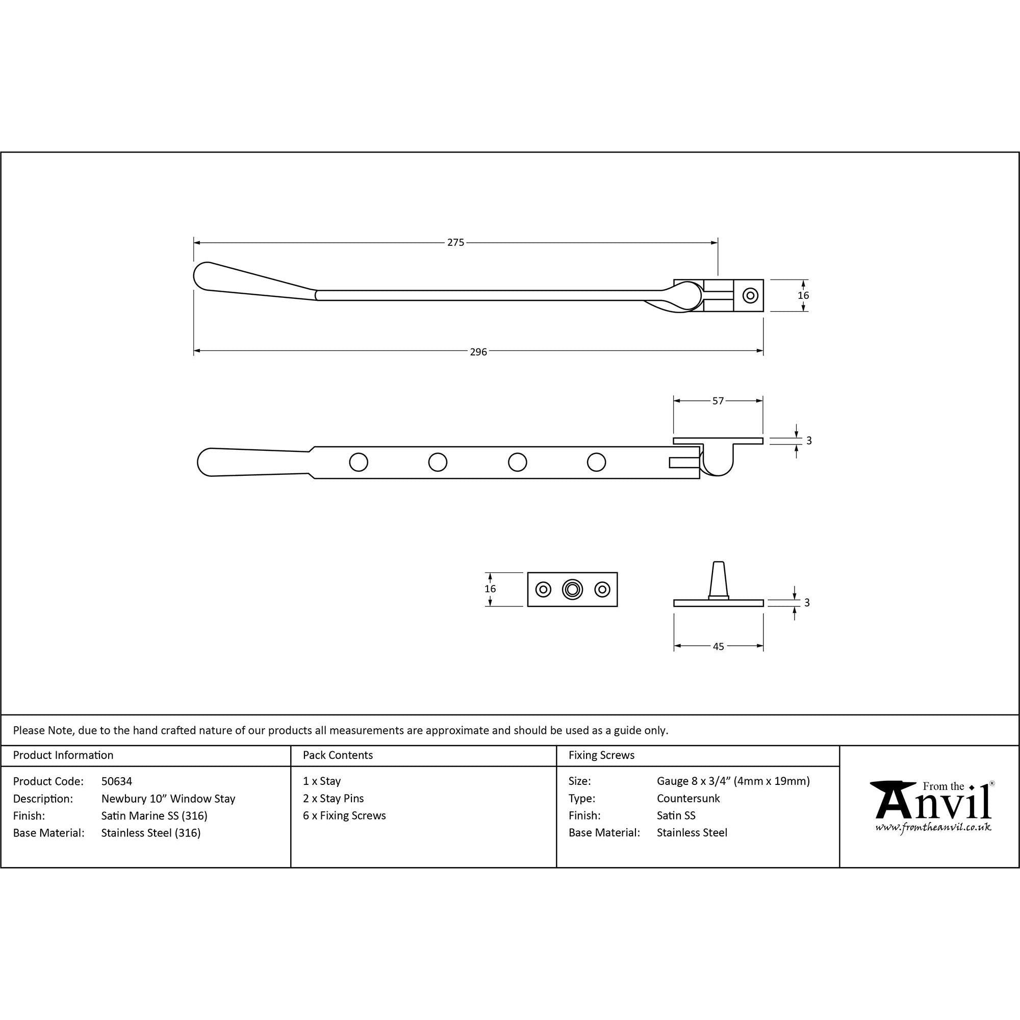 Satin Marine SS (316) 10" Newbury Stay | From The Anvil - Stays - From The Anvil - Yester Home